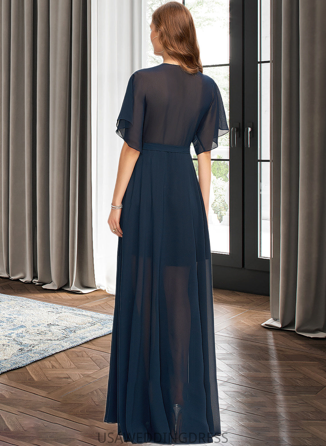 Jazmin A-Line V-neck Floor-Length Chiffon Bridesmaid Dress With Split Front DSP0012909