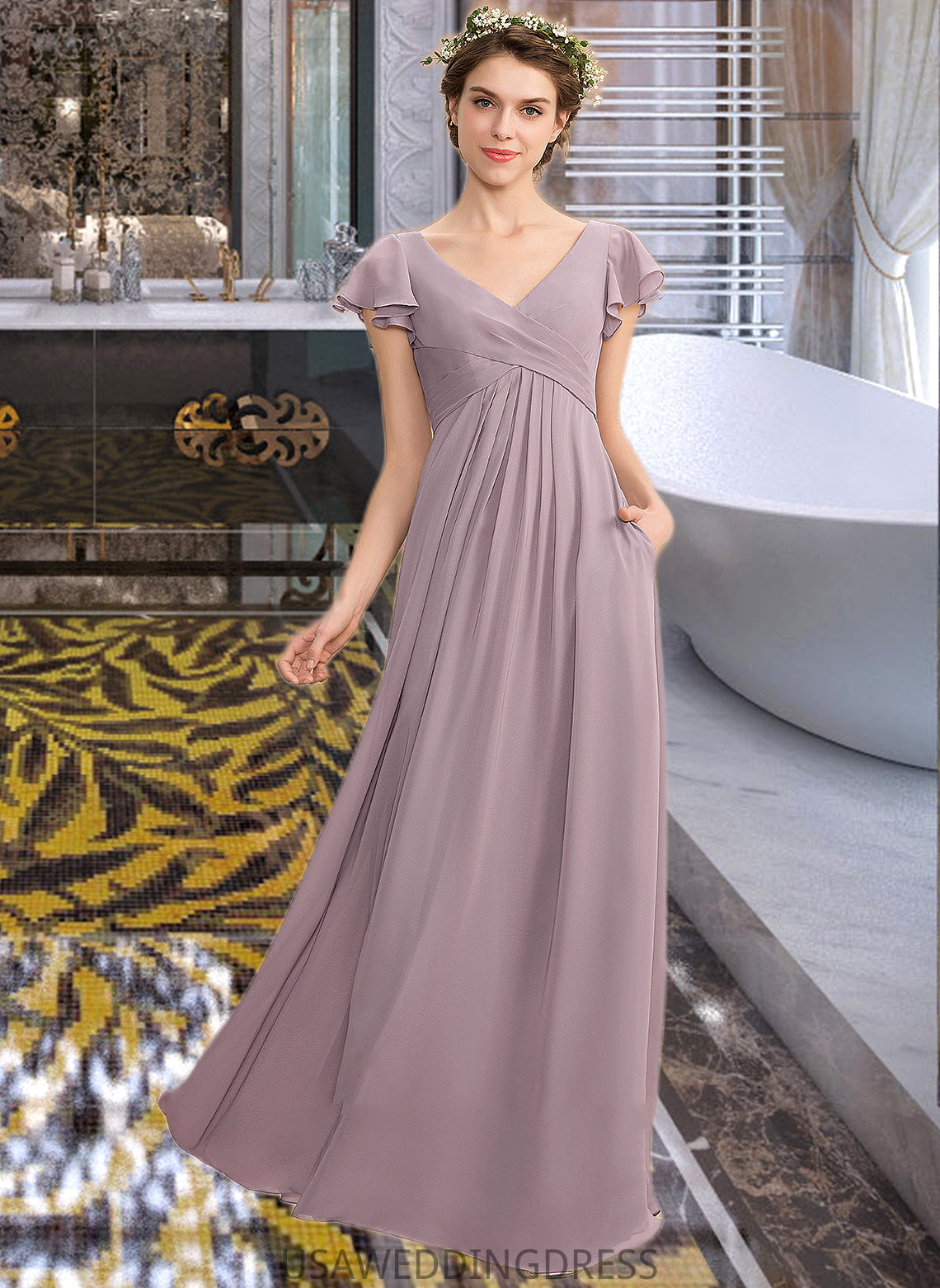 Nylah A-Line V-neck Floor-Length Chiffon Bridesmaid Dress With Cascading Ruffles Pockets DSP0012910