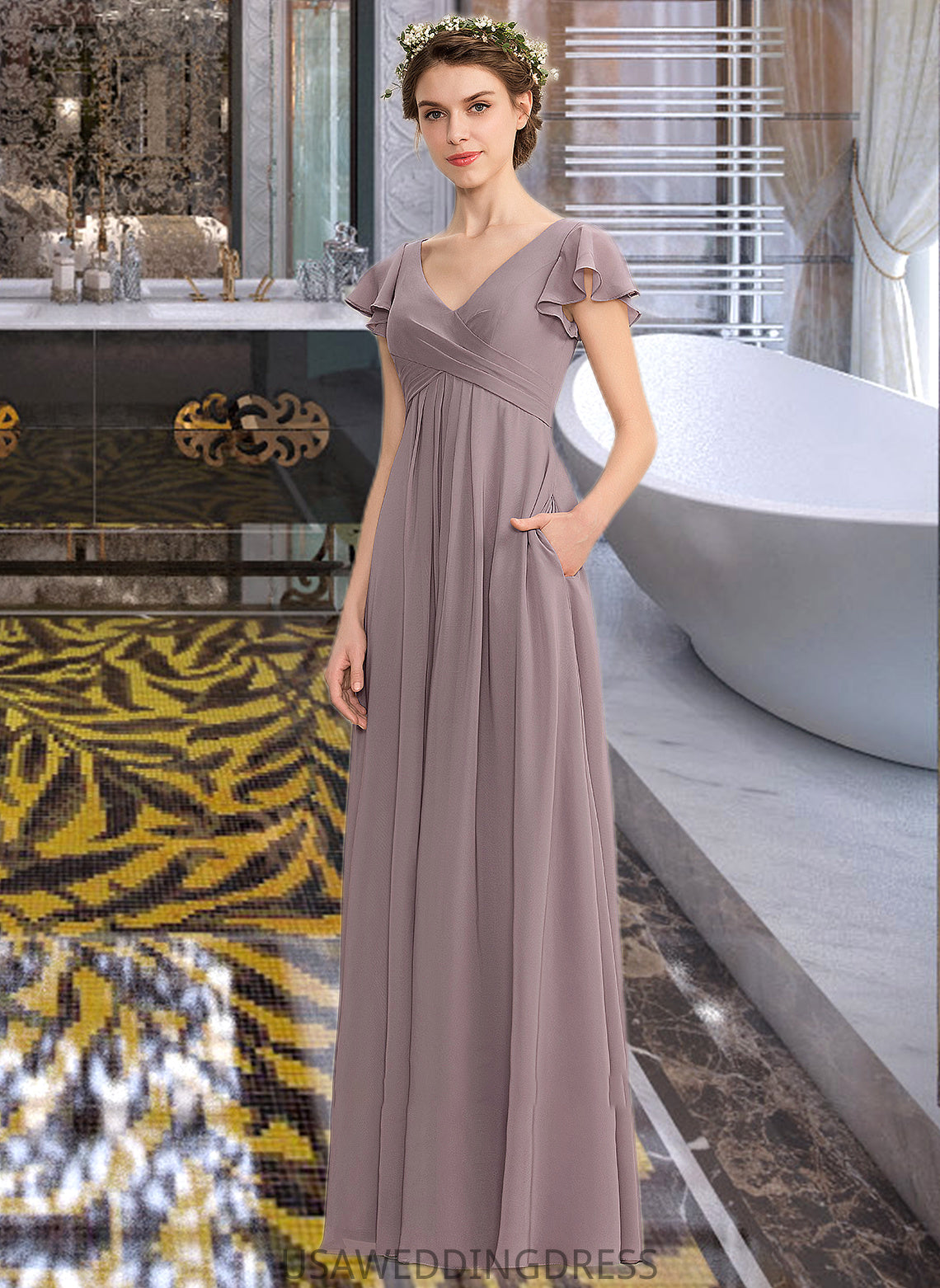 Nylah A-Line V-neck Floor-Length Chiffon Bridesmaid Dress With Cascading Ruffles Pockets DSP0012910