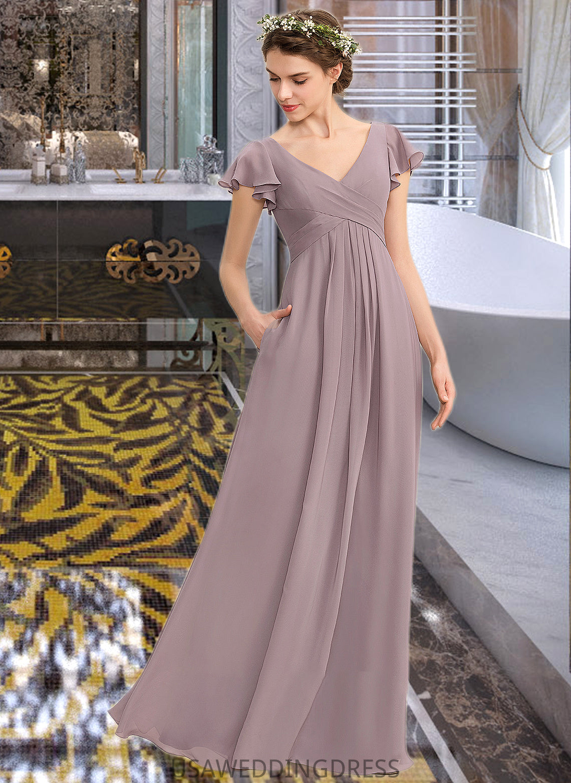 Nylah A-Line V-neck Floor-Length Chiffon Bridesmaid Dress With Cascading Ruffles Pockets DSP0012910