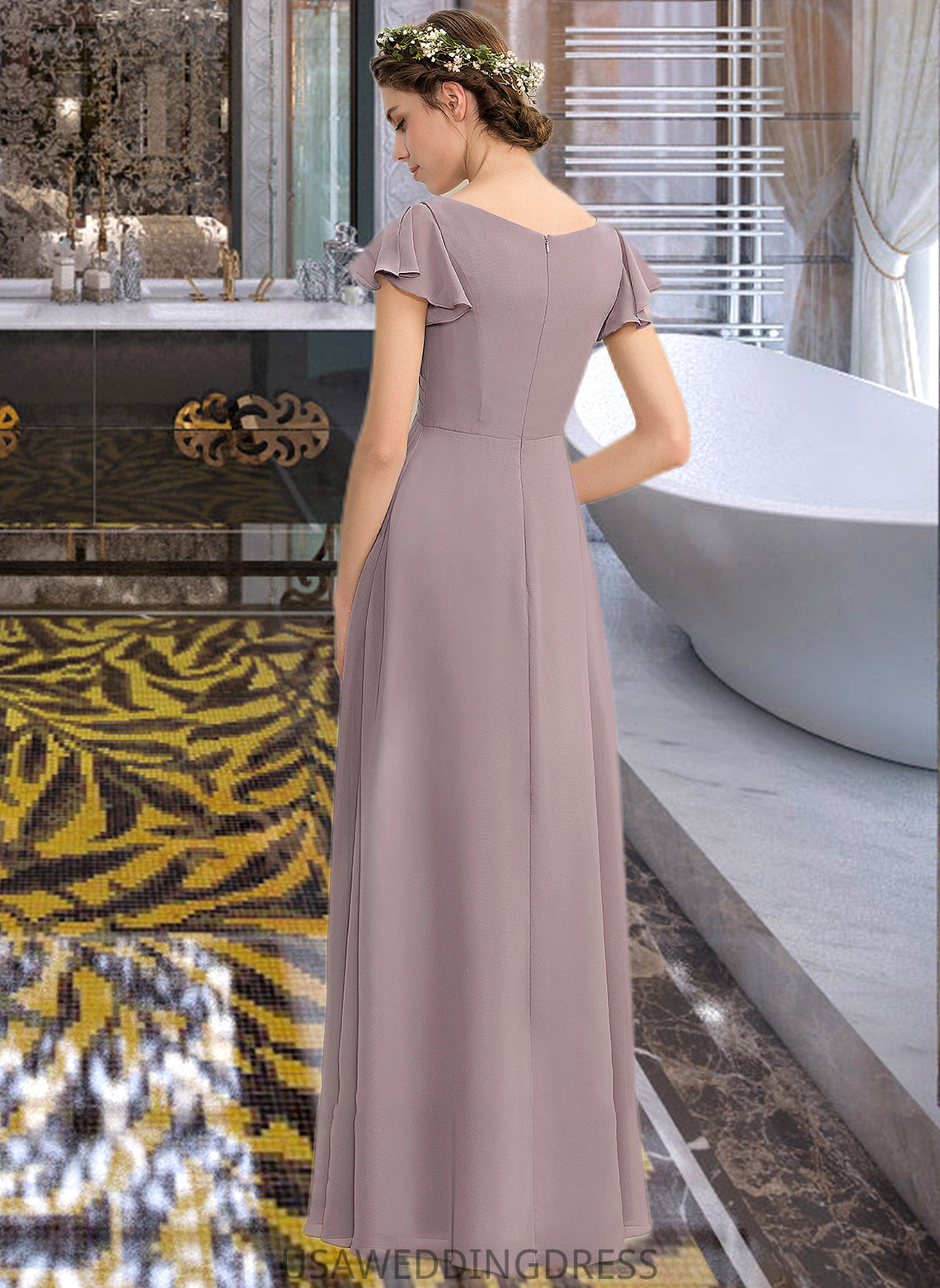 Nylah A-Line V-neck Floor-Length Chiffon Bridesmaid Dress With Cascading Ruffles Pockets DSP0012910