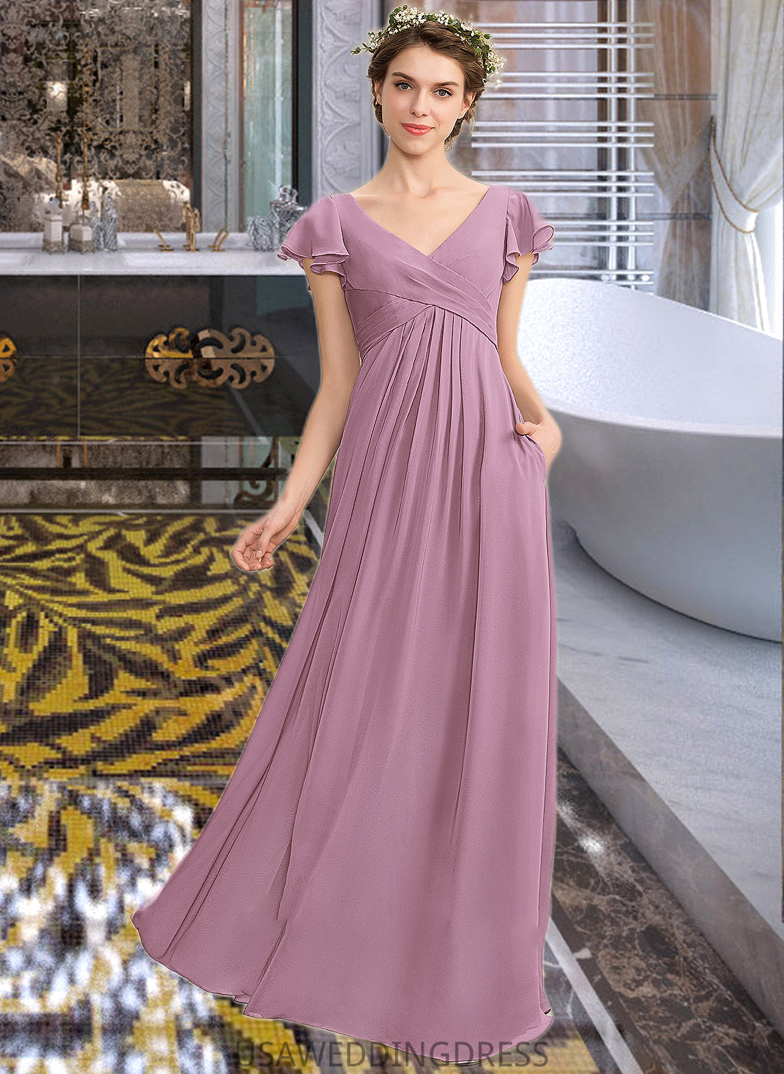 Nylah A-Line V-neck Floor-Length Chiffon Bridesmaid Dress With Cascading Ruffles Pockets DSP0012910