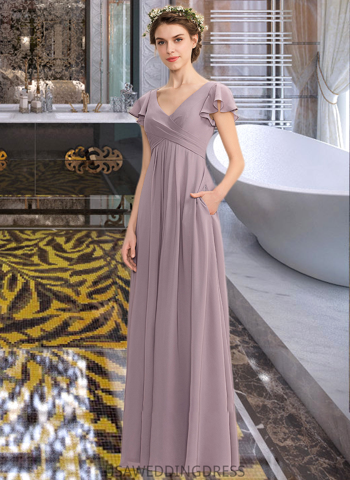 Nylah A-Line V-neck Floor-Length Chiffon Bridesmaid Dress With Cascading Ruffles Pockets DSP0012910