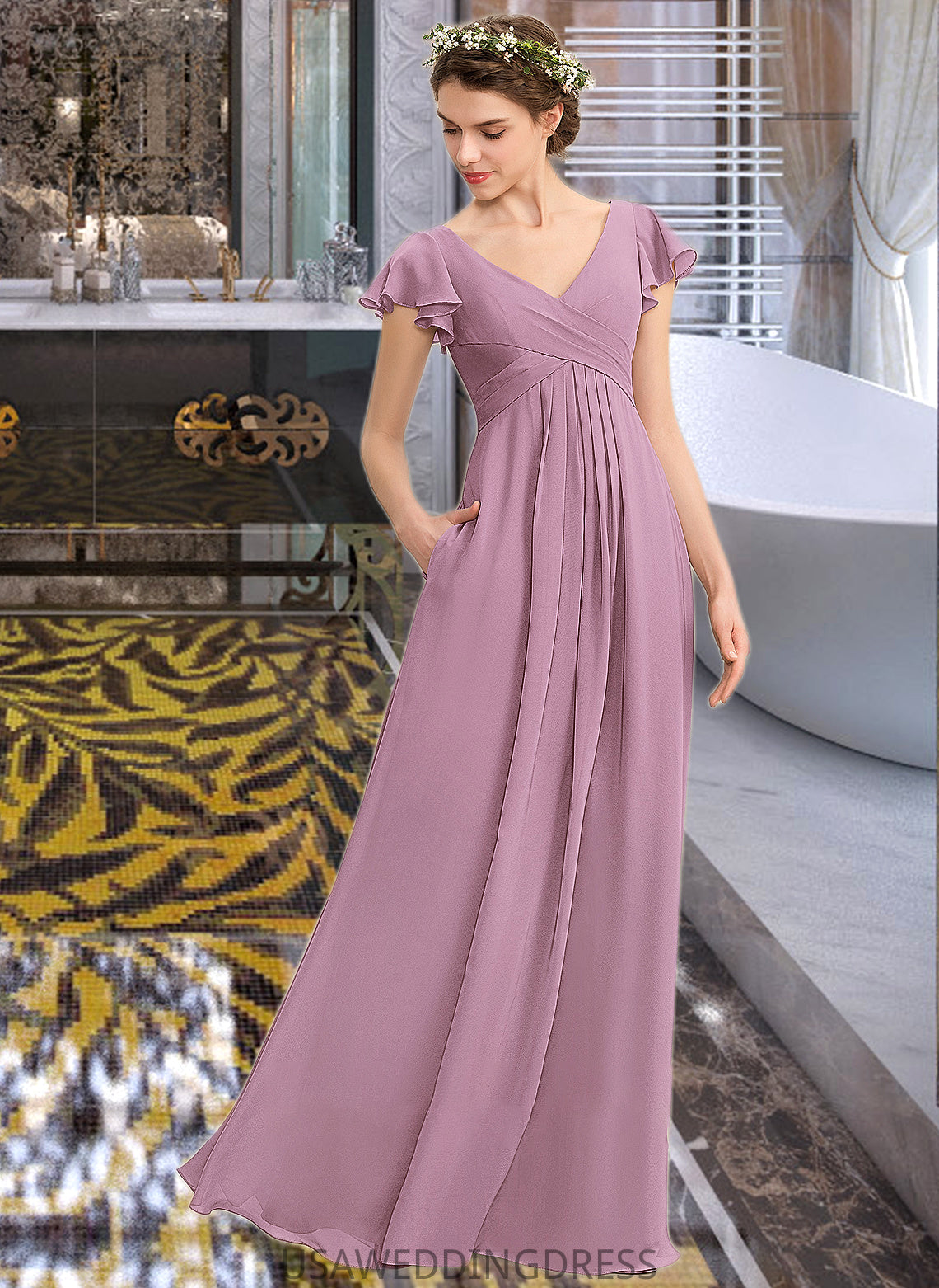 Nylah A-Line V-neck Floor-Length Chiffon Bridesmaid Dress With Cascading Ruffles Pockets DSP0012910