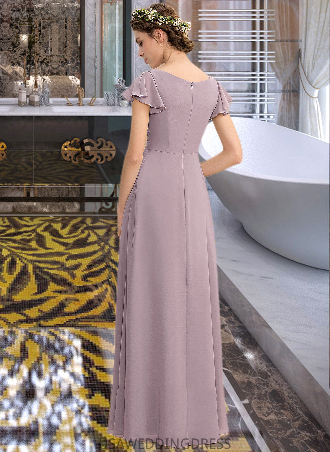 Nylah A-Line V-neck Floor-Length Chiffon Bridesmaid Dress With Cascading Ruffles Pockets DSP0012910