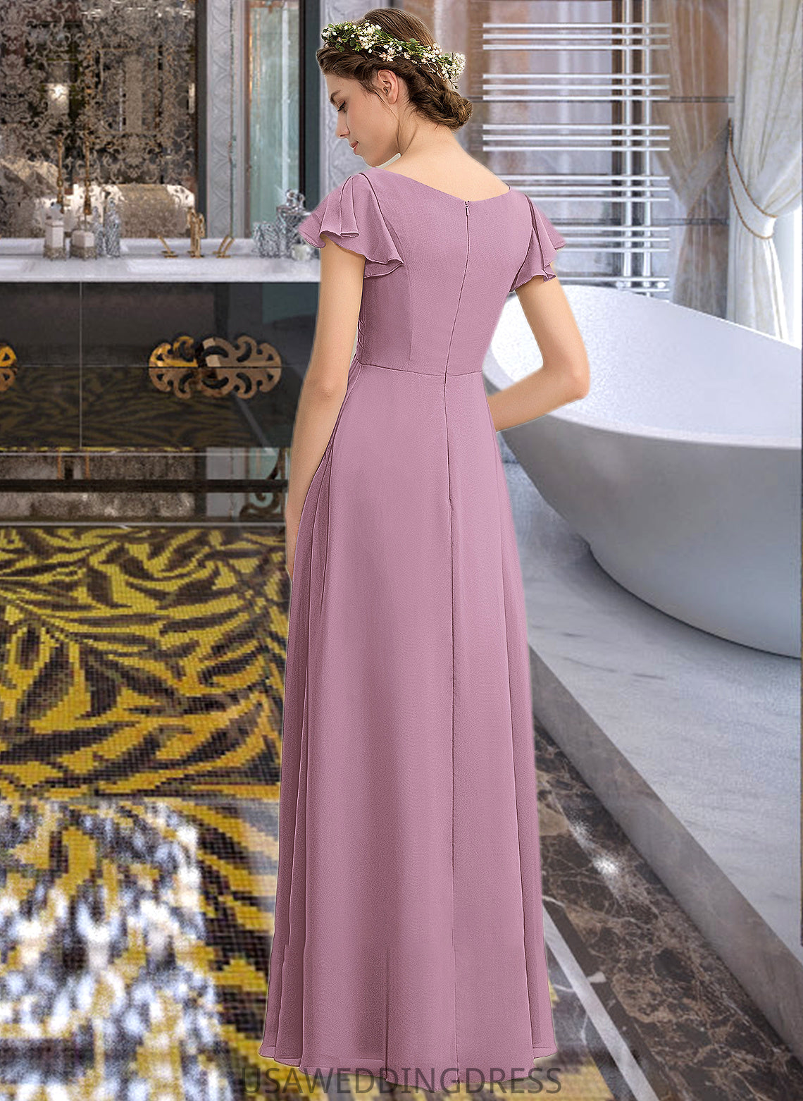 Nylah A-Line V-neck Floor-Length Chiffon Bridesmaid Dress With Cascading Ruffles Pockets DSP0012910