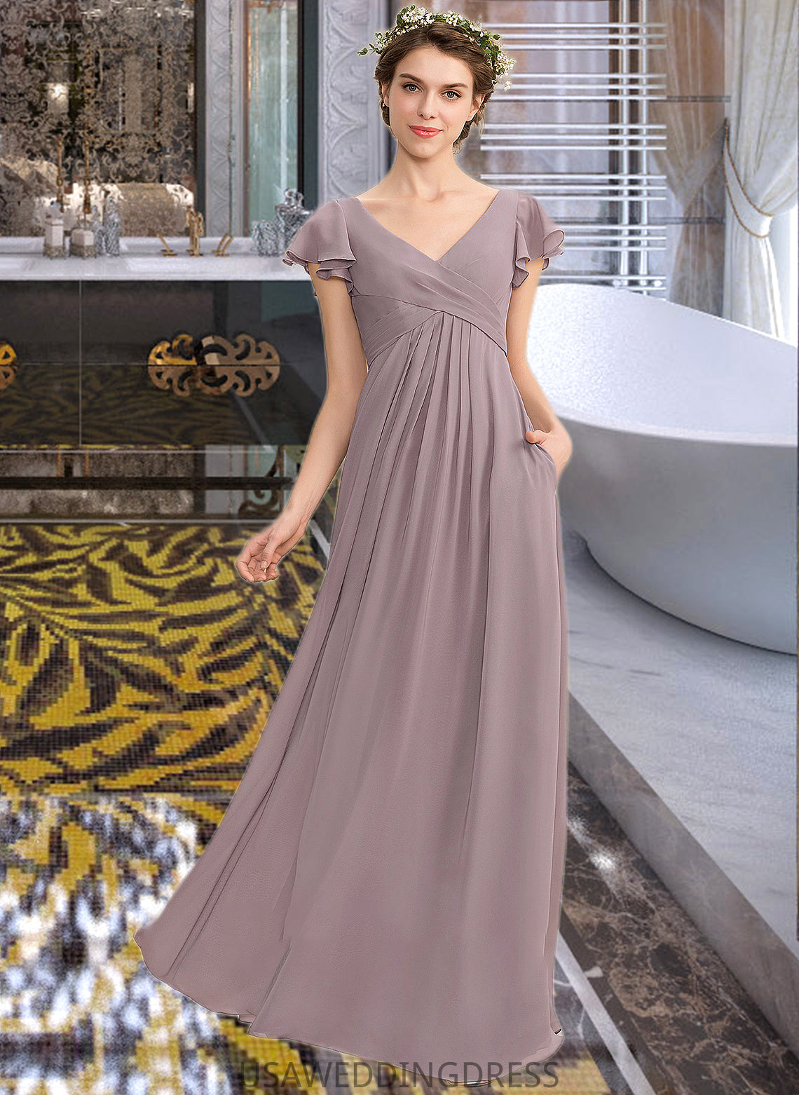 Nylah A-Line V-neck Floor-Length Chiffon Bridesmaid Dress With Cascading Ruffles Pockets DSP0012910