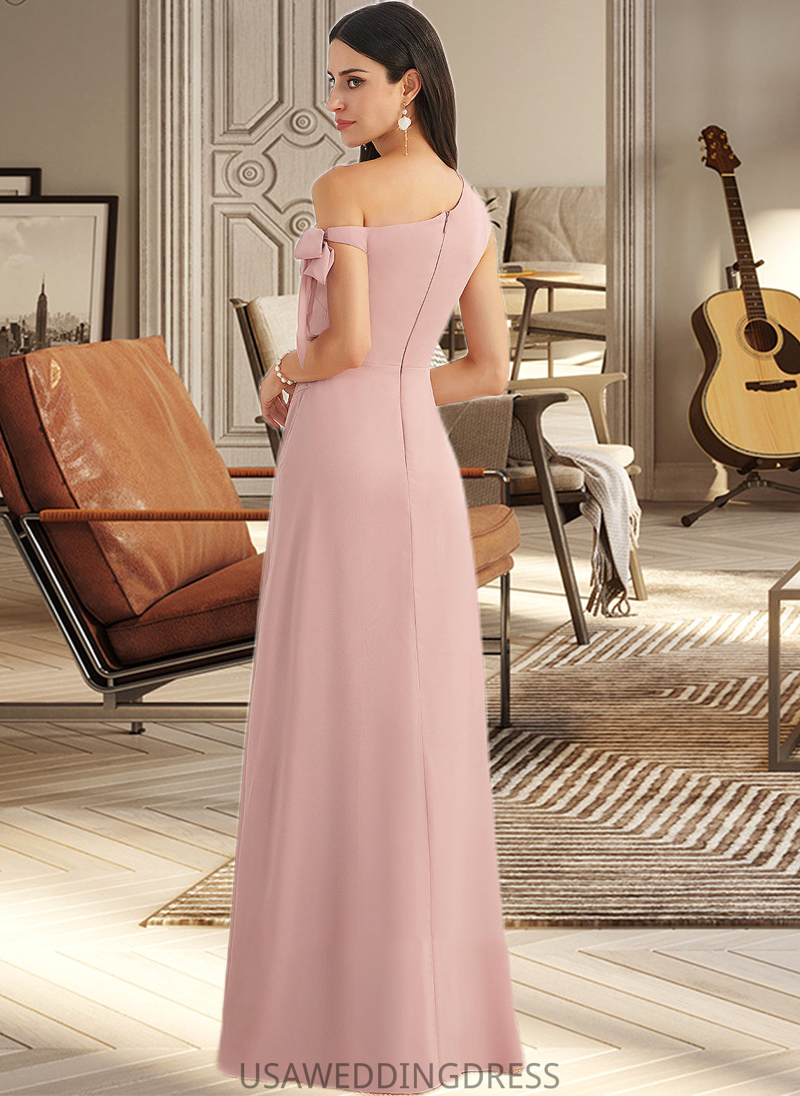 Bailee A-Line One-Shoulder Floor-Length Bridesmaid Dress With Bow(s) DSP0012914