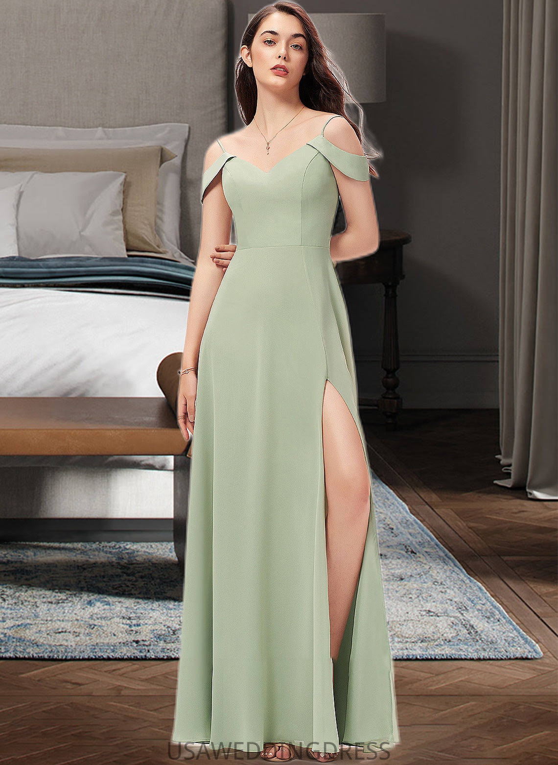 Amiyah A-Line V-neck Floor-Length Chiffon Bridesmaid Dress With Split Front DSP0012915