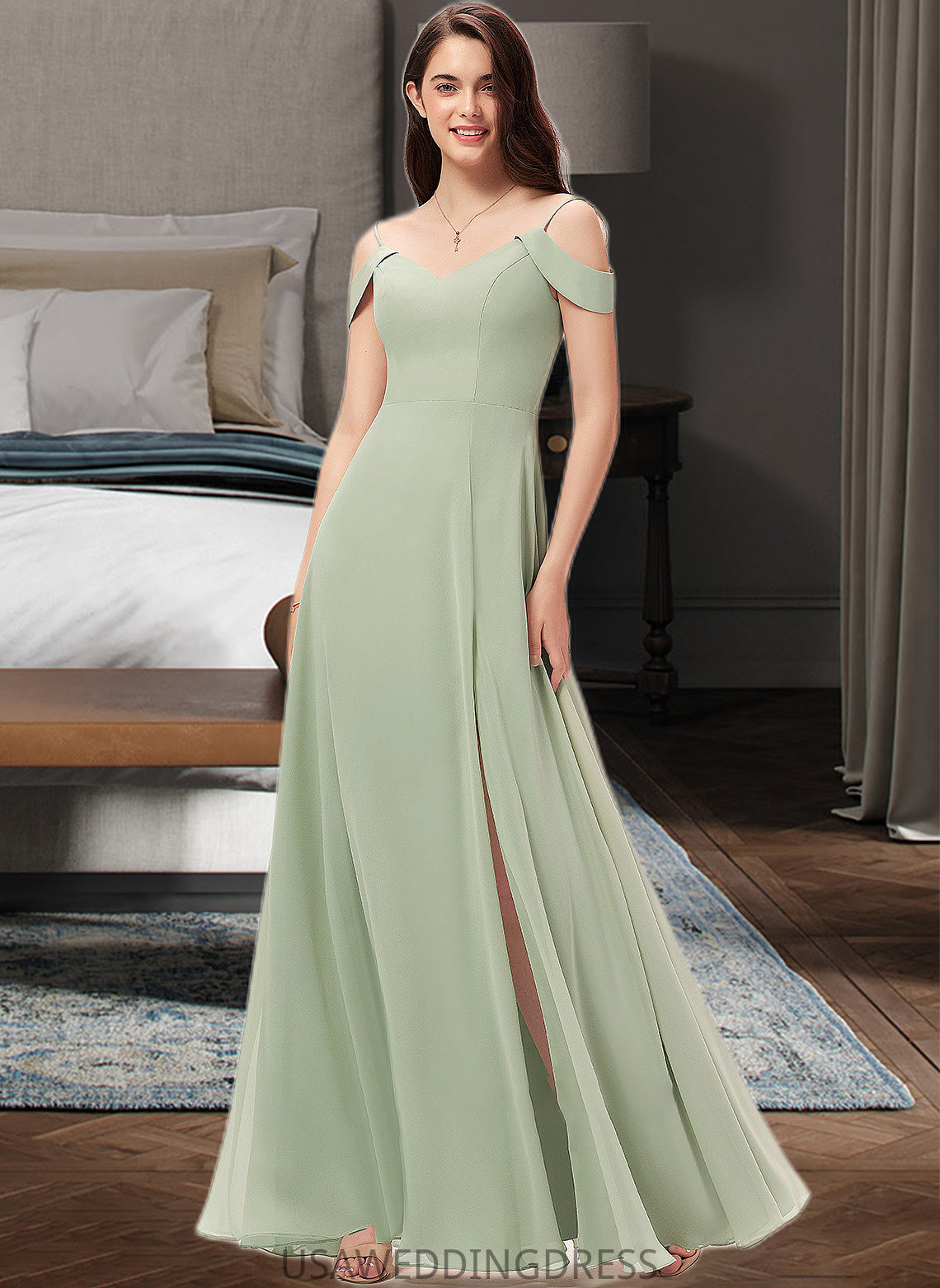 Amiyah A-Line V-neck Floor-Length Chiffon Bridesmaid Dress With Split Front DSP0012915