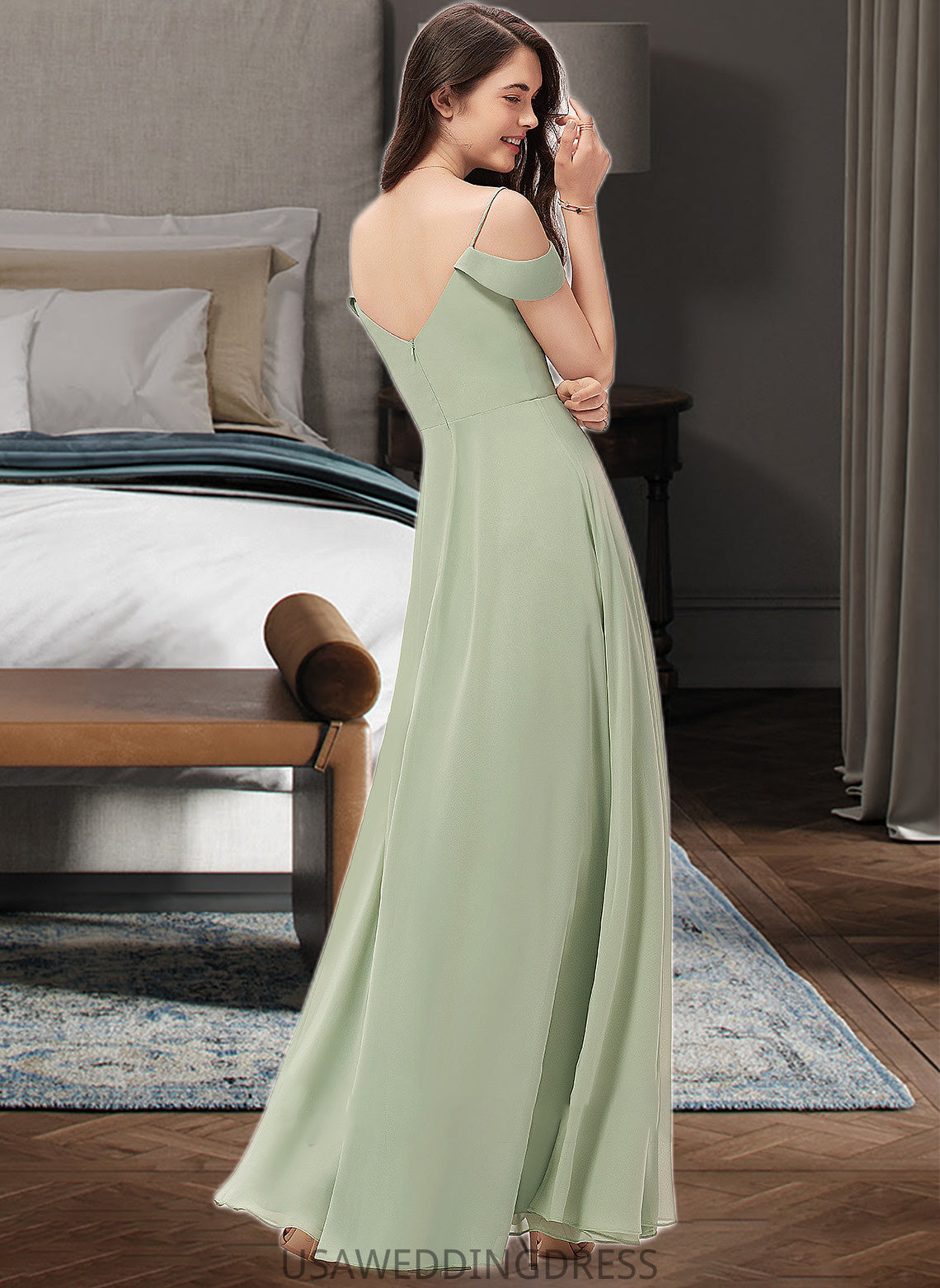 Amiyah A-Line V-neck Floor-Length Chiffon Bridesmaid Dress With Split Front DSP0012915