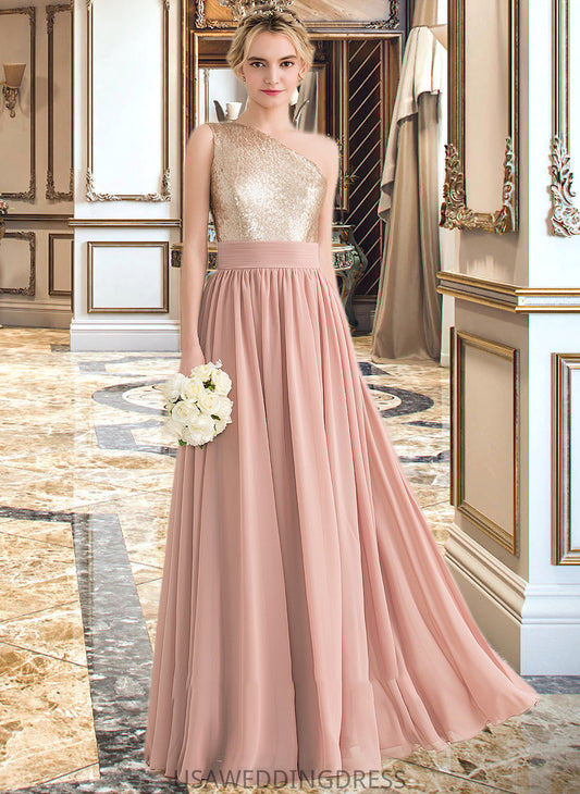 Jaylee A-line One Shoulder Floor-Length Chiffon Sequined Bridesmaid Dress DSP0012916