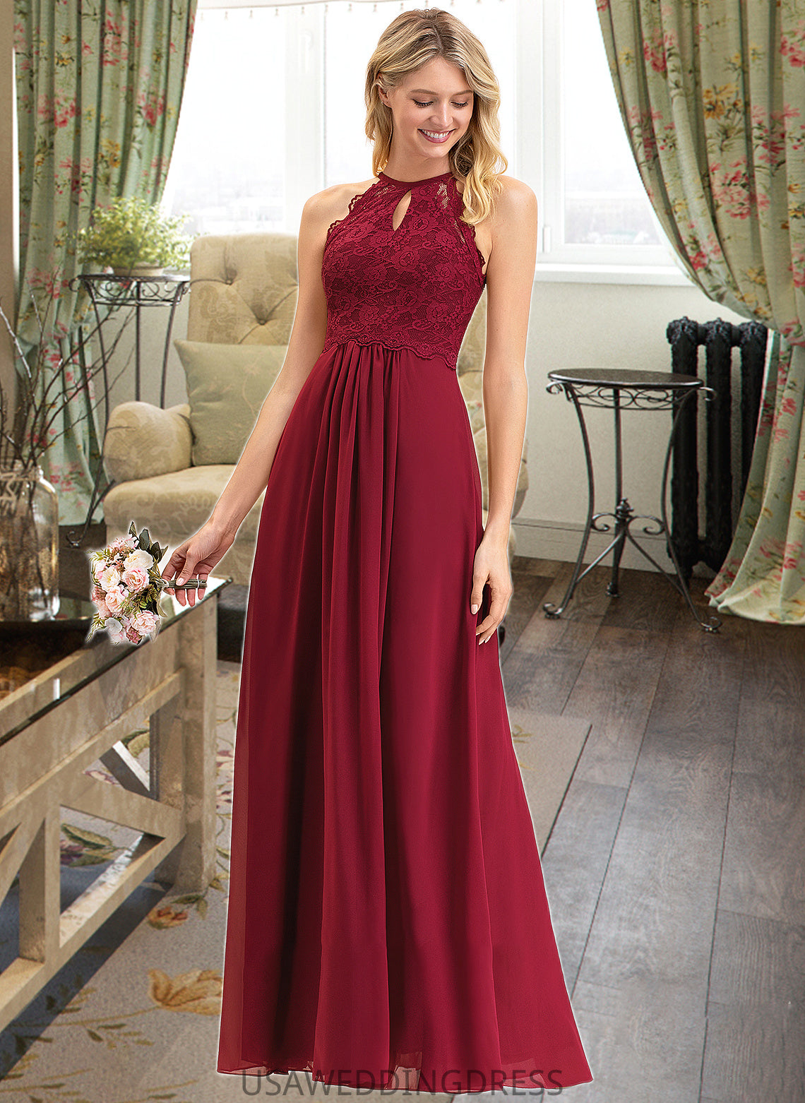 Valerie A-Line Scoop Neck Floor-Length Chiffon Lace Bridesmaid Dress DSP0012918