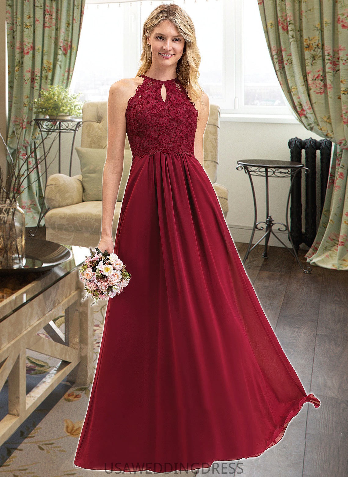 Valerie A-Line Scoop Neck Floor-Length Chiffon Lace Bridesmaid Dress DSP0012918