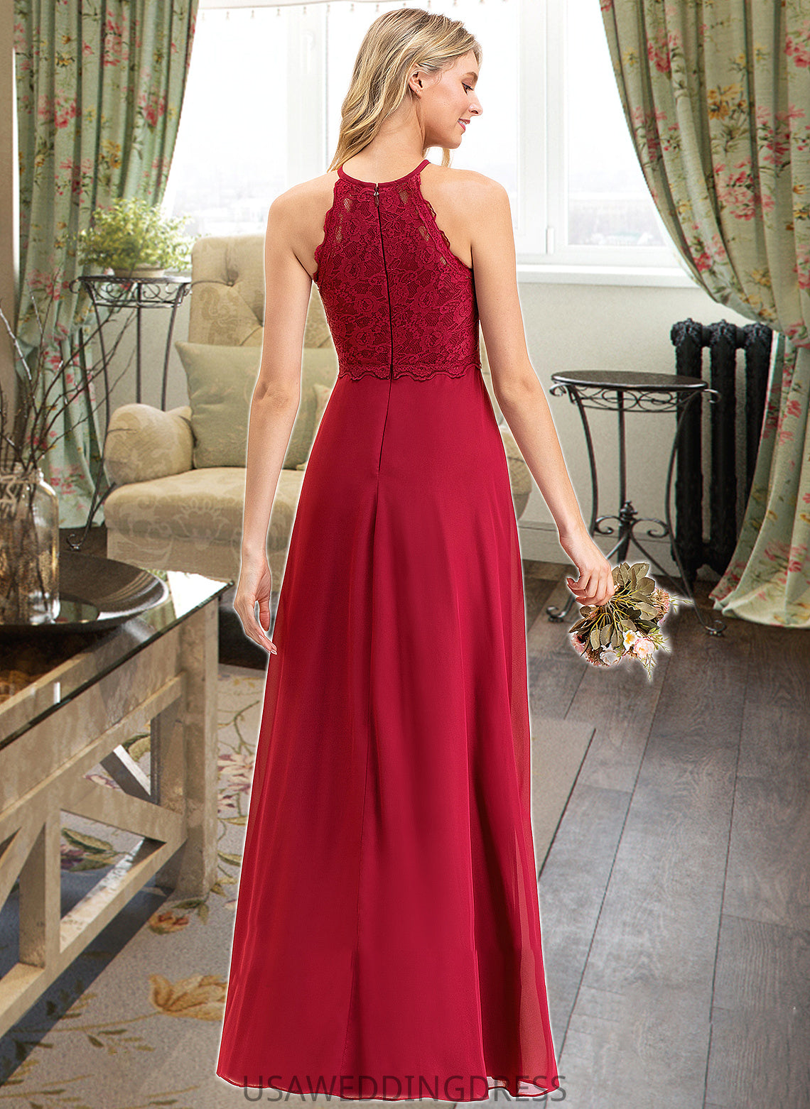 Valerie A-Line Scoop Neck Floor-Length Chiffon Lace Bridesmaid Dress DSP0012918