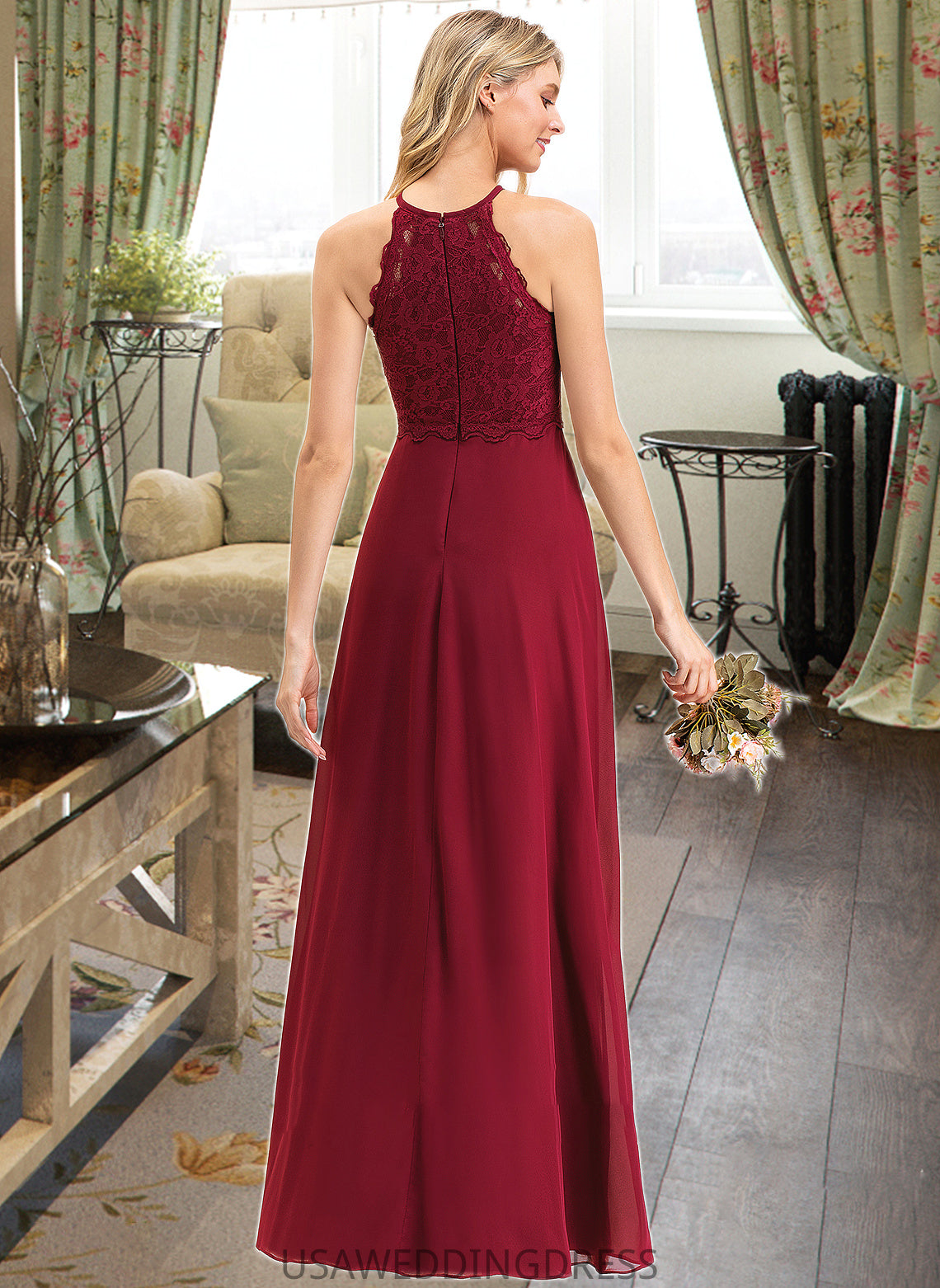 Valerie A-Line Scoop Neck Floor-Length Chiffon Lace Bridesmaid Dress DSP0012918