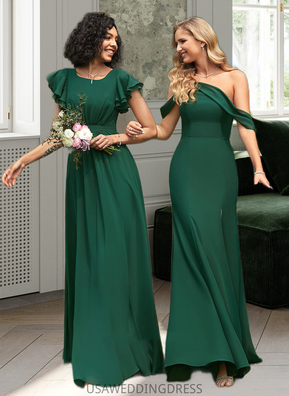 Gabriela Trumpet/Mermaid One-Shoulder Floor-Length Bridesmaid Dress With Split Front DSP0012921