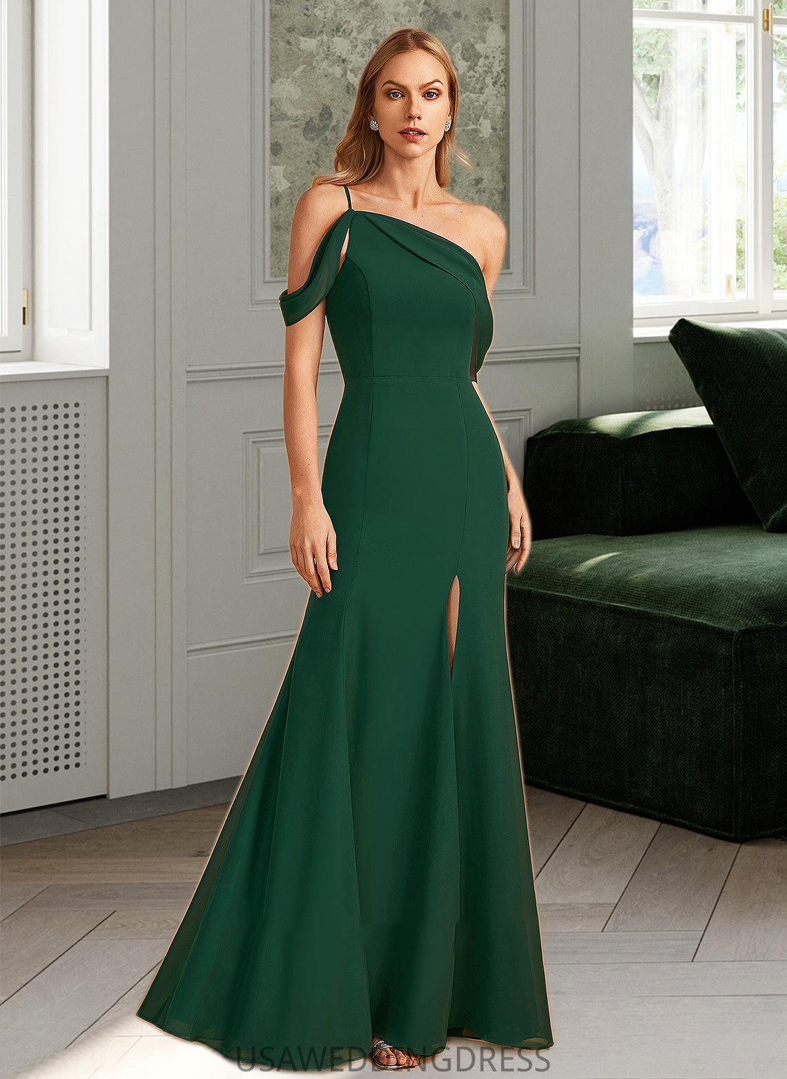 Gabriela Trumpet/Mermaid One-Shoulder Floor-Length Bridesmaid Dress With Split Front DSP0012921