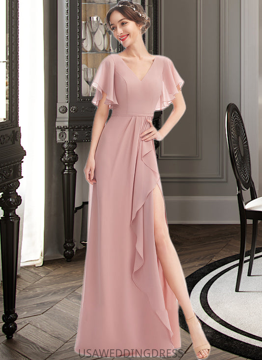 Judith A-Line V-neck Floor-Length Bridesmaid Dress With Ruffle Split Front DSP0012923