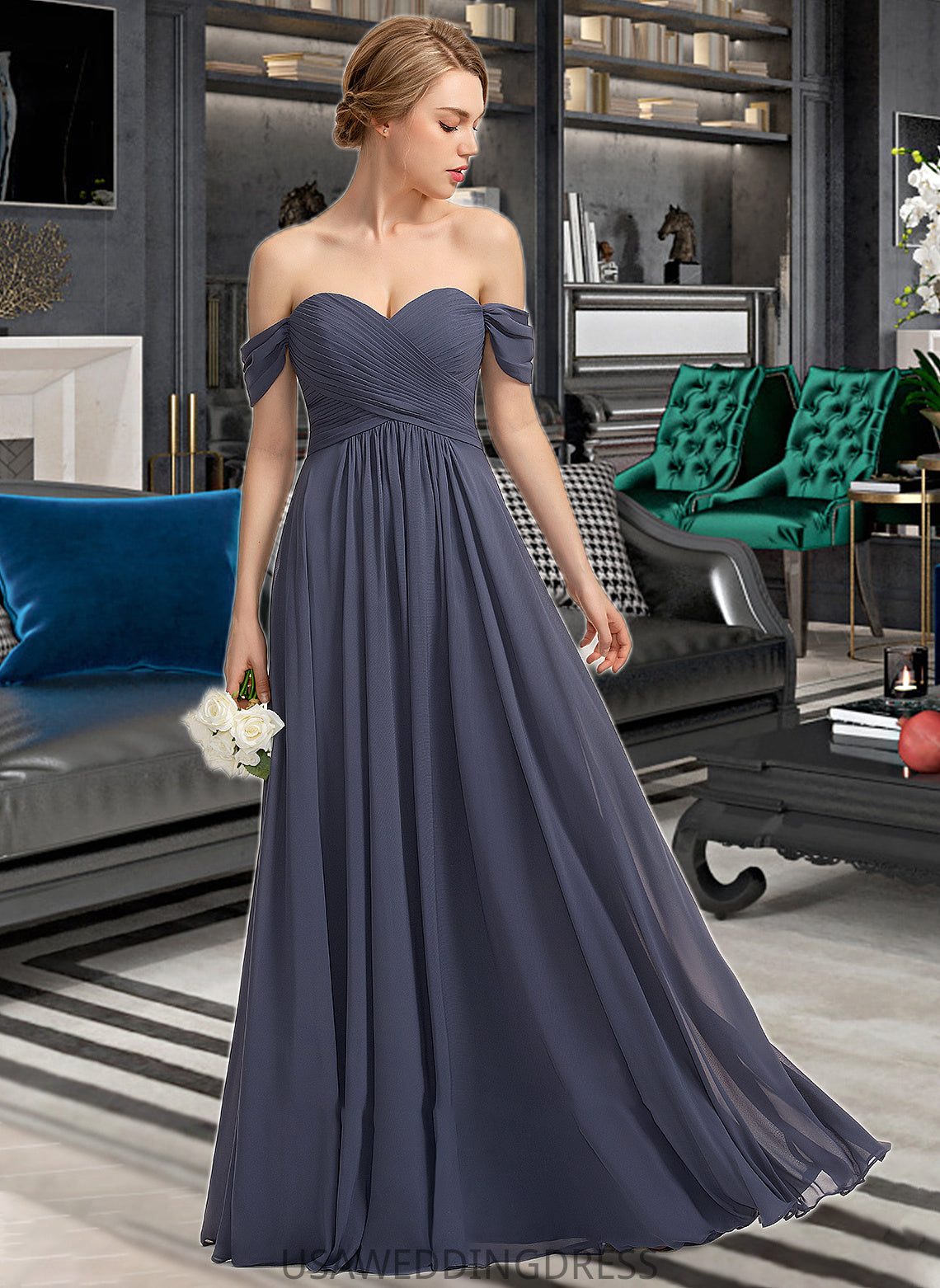 Serena A-line Off the Shoulder Floor-Length Chiffon Bridesmaid Dress With Ruffle DSP0012924