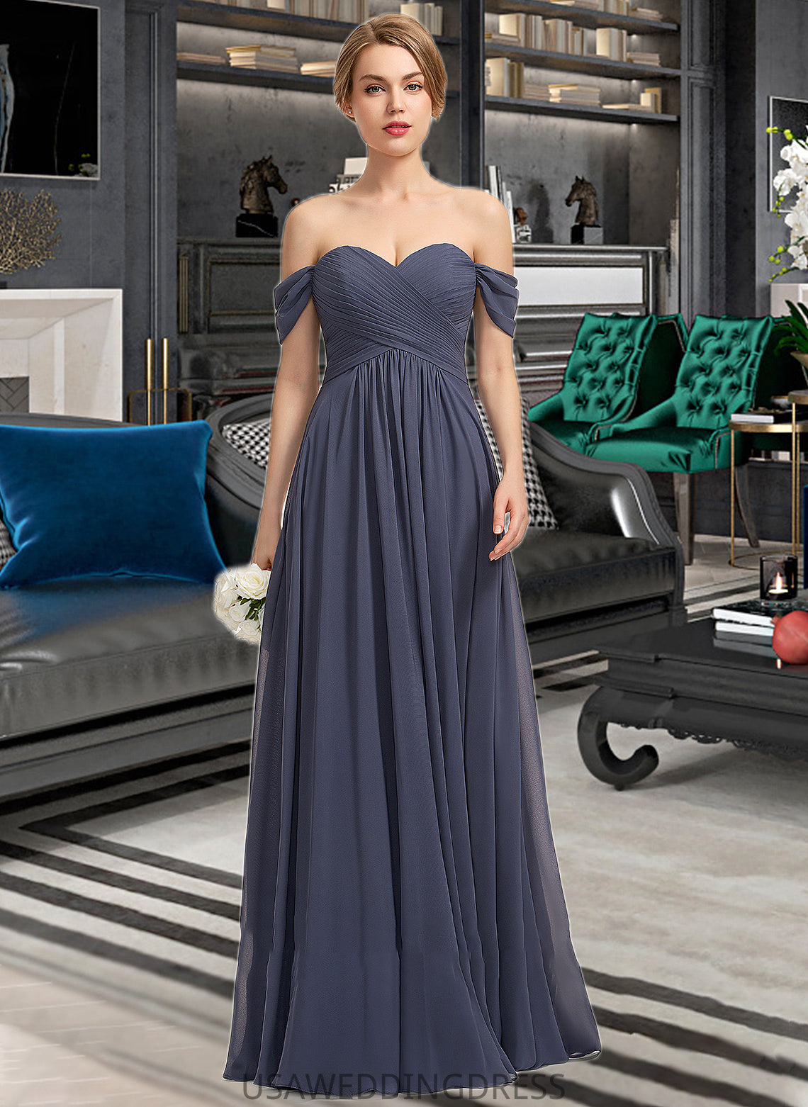 Serena A-line Off the Shoulder Floor-Length Chiffon Bridesmaid Dress With Ruffle DSP0012924