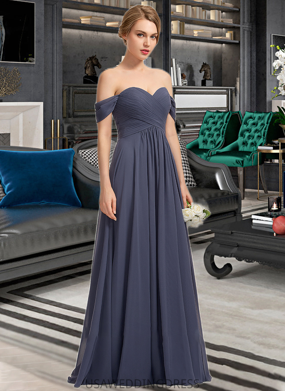 Serena A-line Off the Shoulder Floor-Length Chiffon Bridesmaid Dress With Ruffle DSP0012924