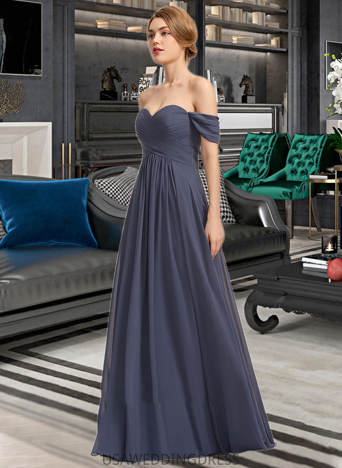 Serena A-line Off the Shoulder Floor-Length Chiffon Bridesmaid Dress With Ruffle DSP0012924