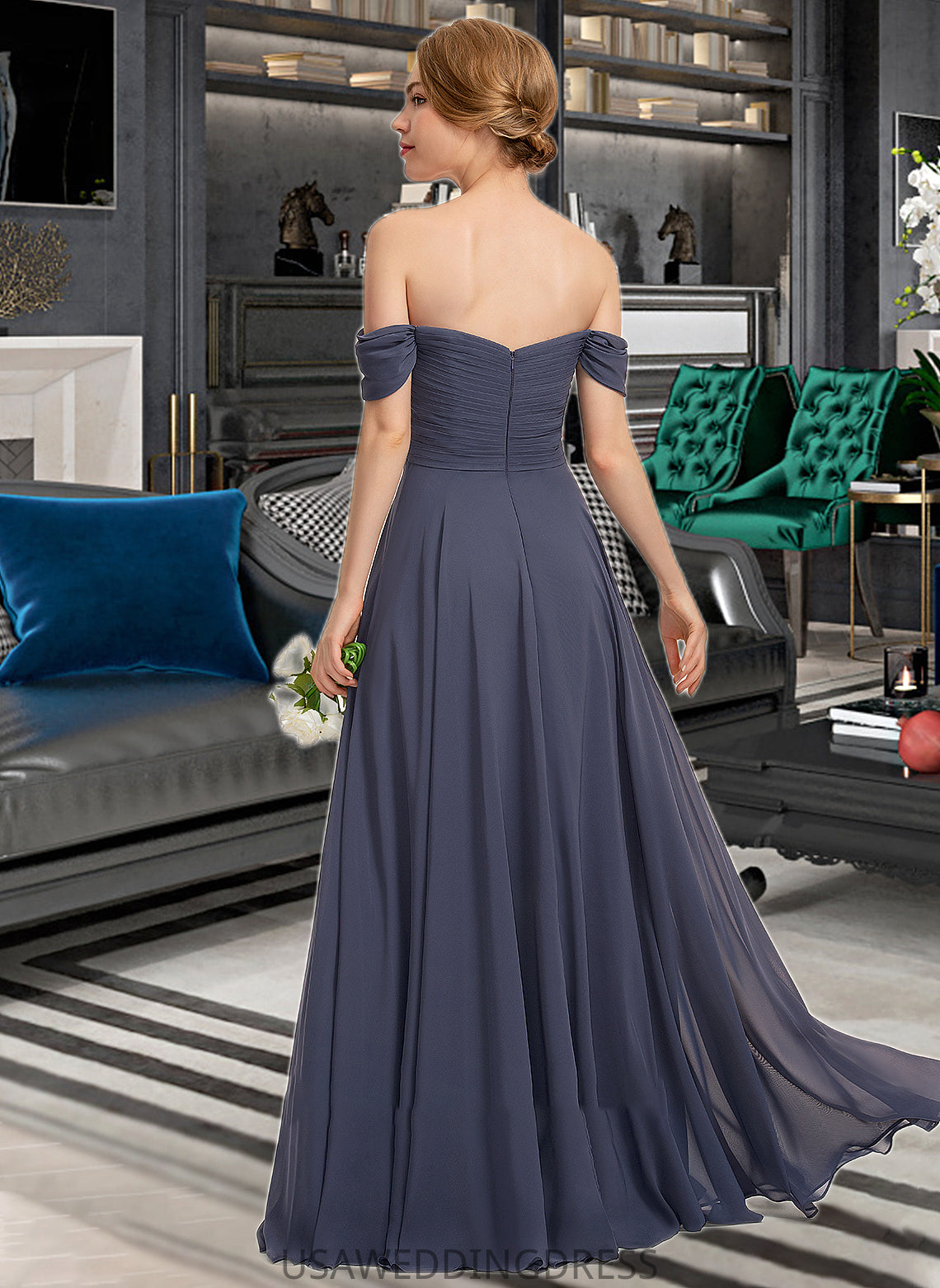 Serena A-line Off the Shoulder Floor-Length Chiffon Bridesmaid Dress With Ruffle DSP0012924