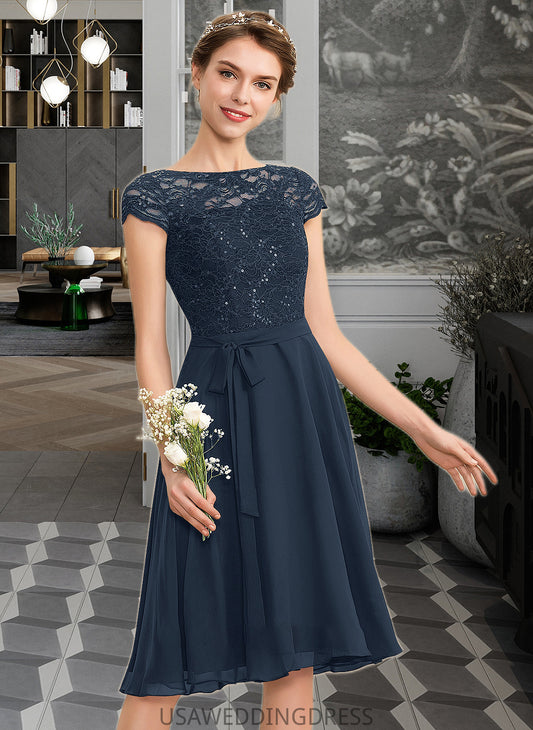 Evangeline A-Line Scoop Neck Knee-Length Chiffon Lace Bridesmaid Dress With Sequins Bow(s) DSP0012929