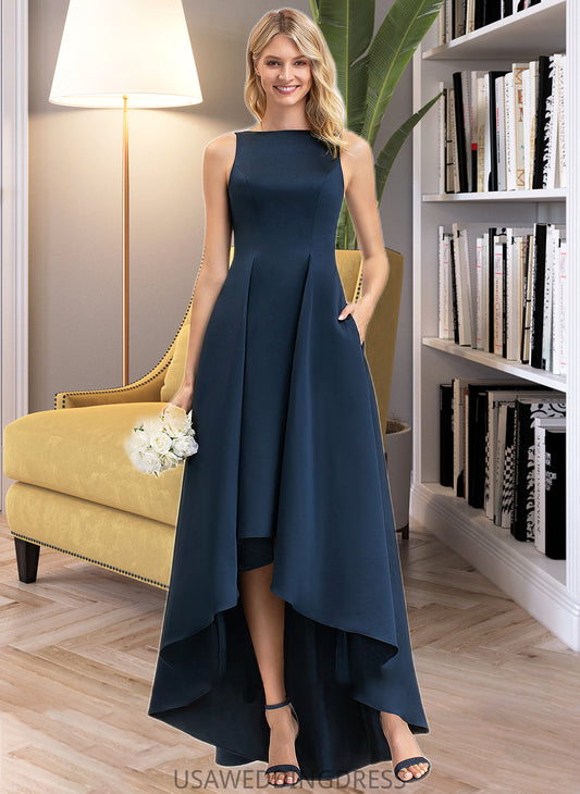 Macie A-Line Scoop Neck Asymmetrical Satin Bridesmaid Dress With Pockets DSP0012932