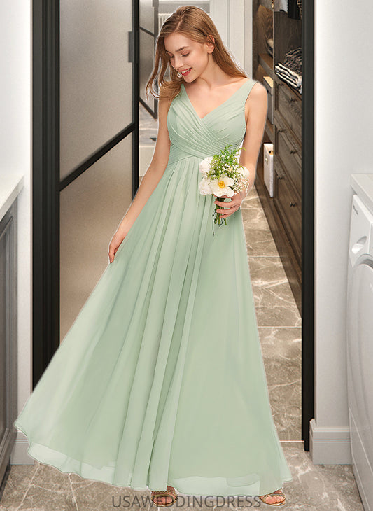 Henrietta A-Line V-neck Floor-Length Chiffon Bridesmaid Dress With Ruffle Split Front DSP0012933