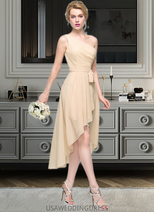 Adrianna A-Line One-Shoulder Asymmetrical Chiffon Bridesmaid Dress With Ruffle Bow(s) Cascading Ruffles DSP0012937