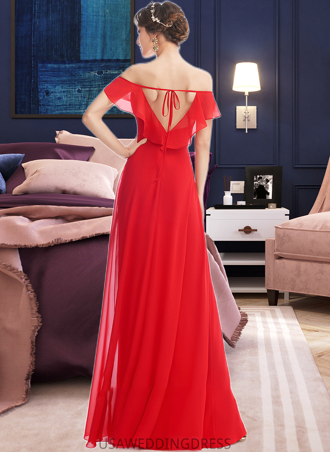 Trinity A-Line Off-the-Shoulder Floor-Length Bridesmaid Dress With Ruffle Split Front DSP0012938