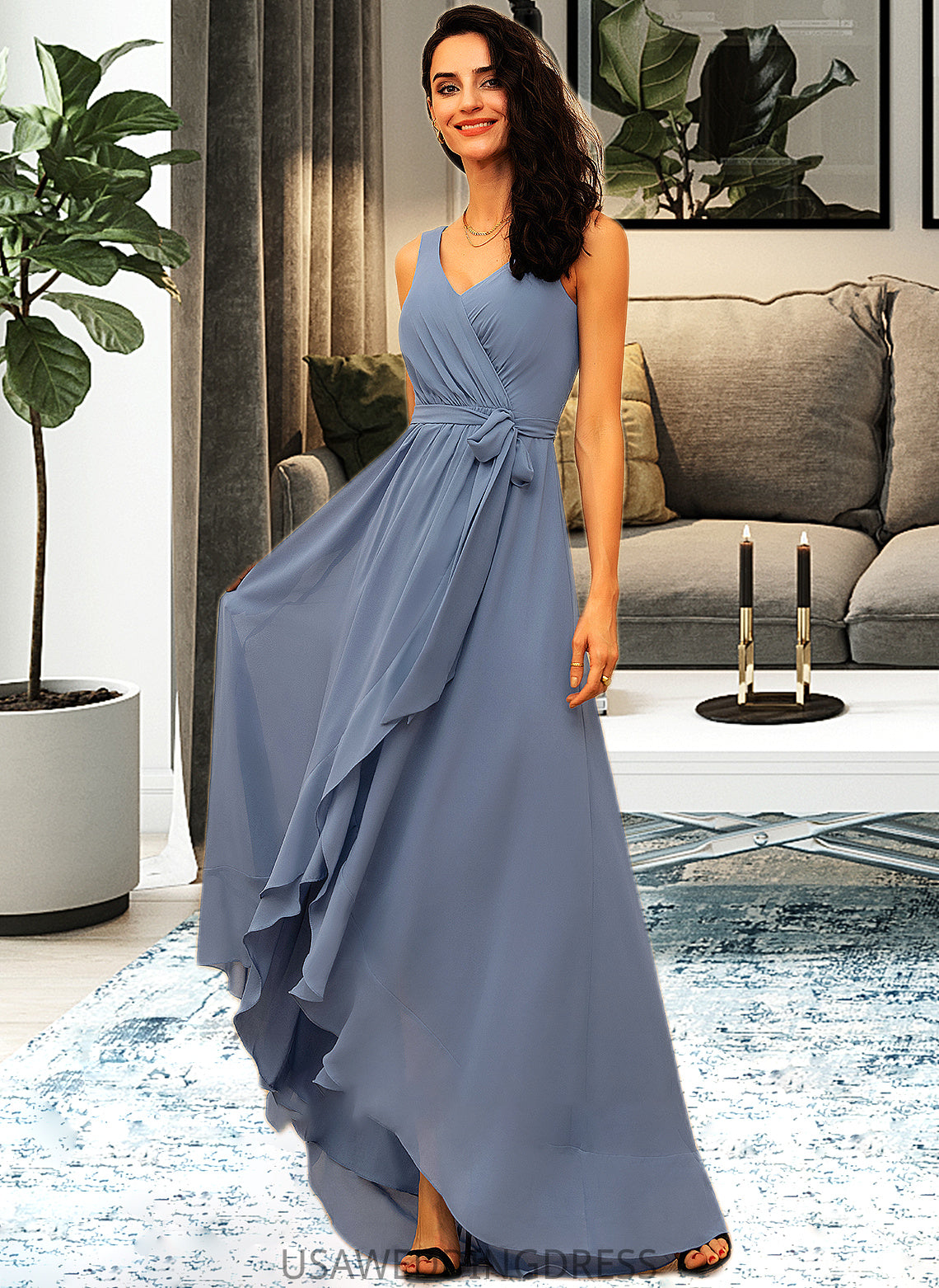 Lexi A-Line V-neck Asymmetrical Chiffon Bridesmaid Dress With Ruffle Bow(s) DSP0012942