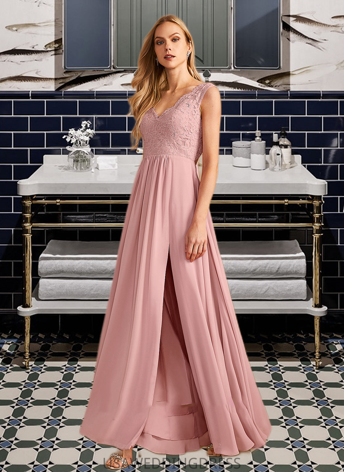 Camryn A-Line V-neck Floor-Length Bridesmaid Dress With Split Front Pockets DSP0012943