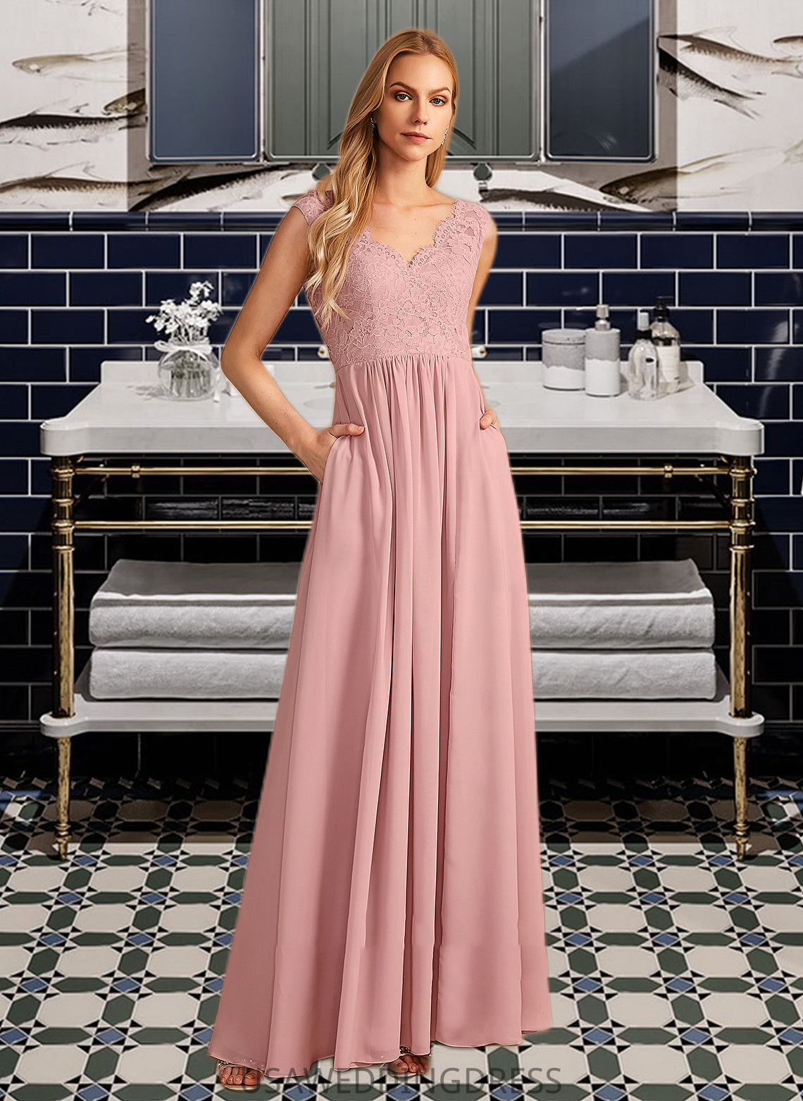 Camryn A-Line V-neck Floor-Length Bridesmaid Dress With Split Front Pockets DSP0012943