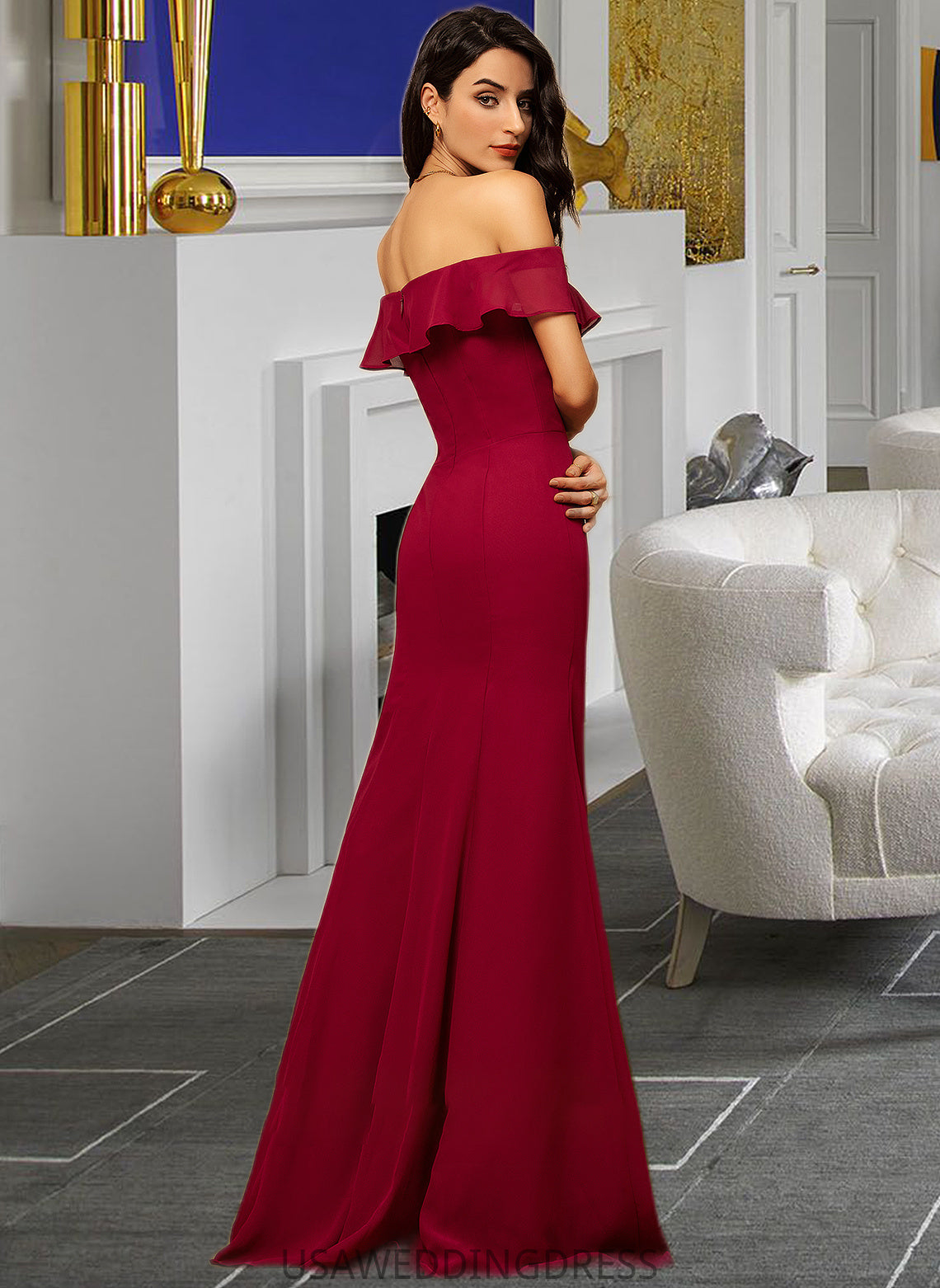 Sylvia Sheath/Column Off-the-Shoulder Floor-Length Chiffon Bridesmaid Dress With Split Front Cascading Ruffles DSP0012944