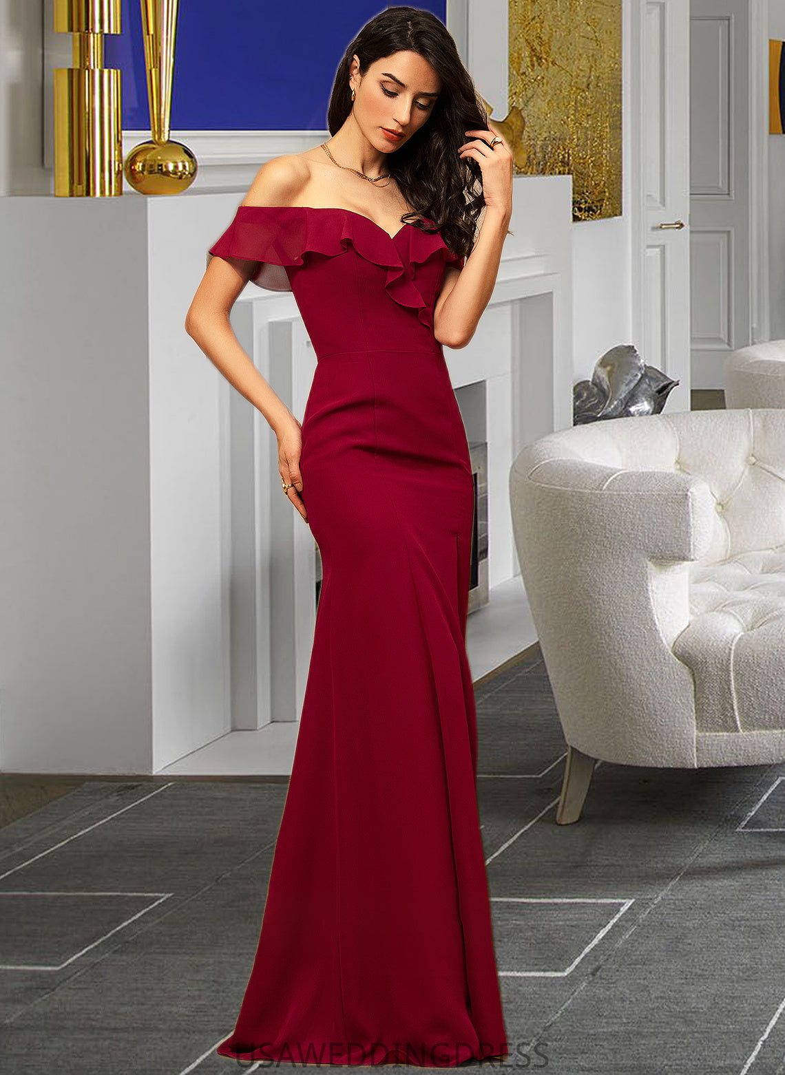 Sylvia Sheath/Column Off-the-Shoulder Floor-Length Chiffon Bridesmaid Dress With Split Front Cascading Ruffles DSP0012944