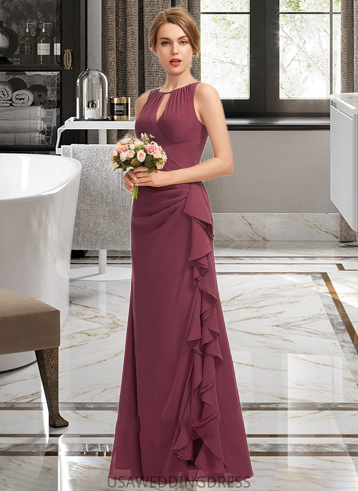 Anahi A-Line Scoop Neck Floor-Length Chiffon Bridesmaid Dress With Split Front Cascading Ruffles DSP0012947