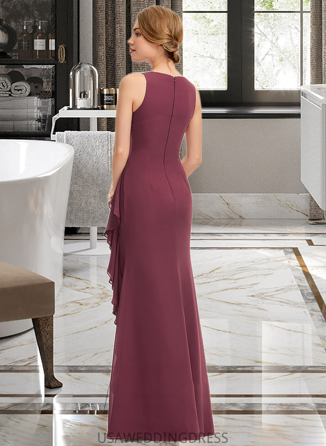 Anahi A-Line Scoop Neck Floor-Length Chiffon Bridesmaid Dress With Split Front Cascading Ruffles DSP0012947