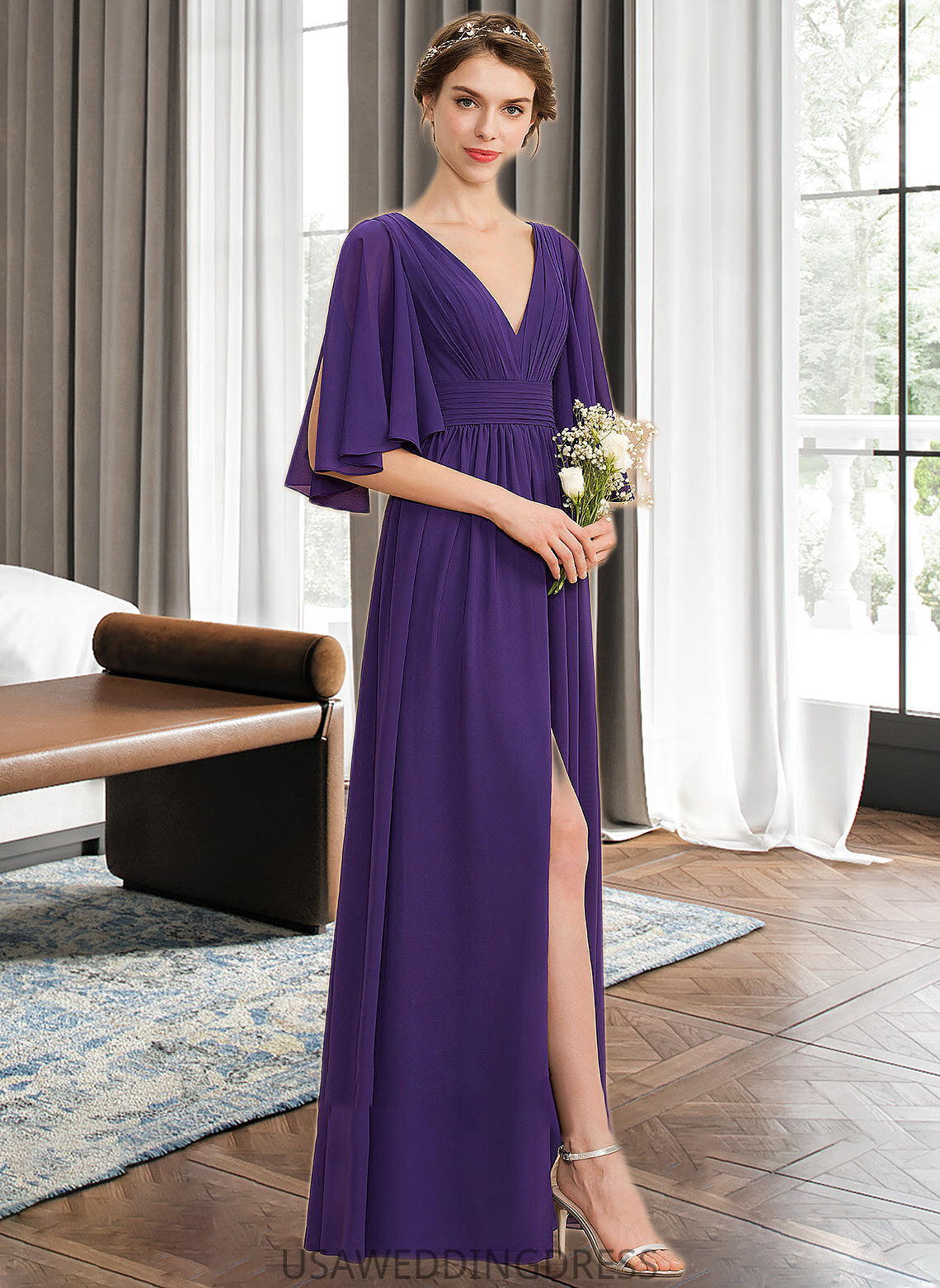 Alexus A-Line V-neck Floor-Length Chiffon Bridesmaid Dress With Ruffle Bow(s) Split Front DSP0012948