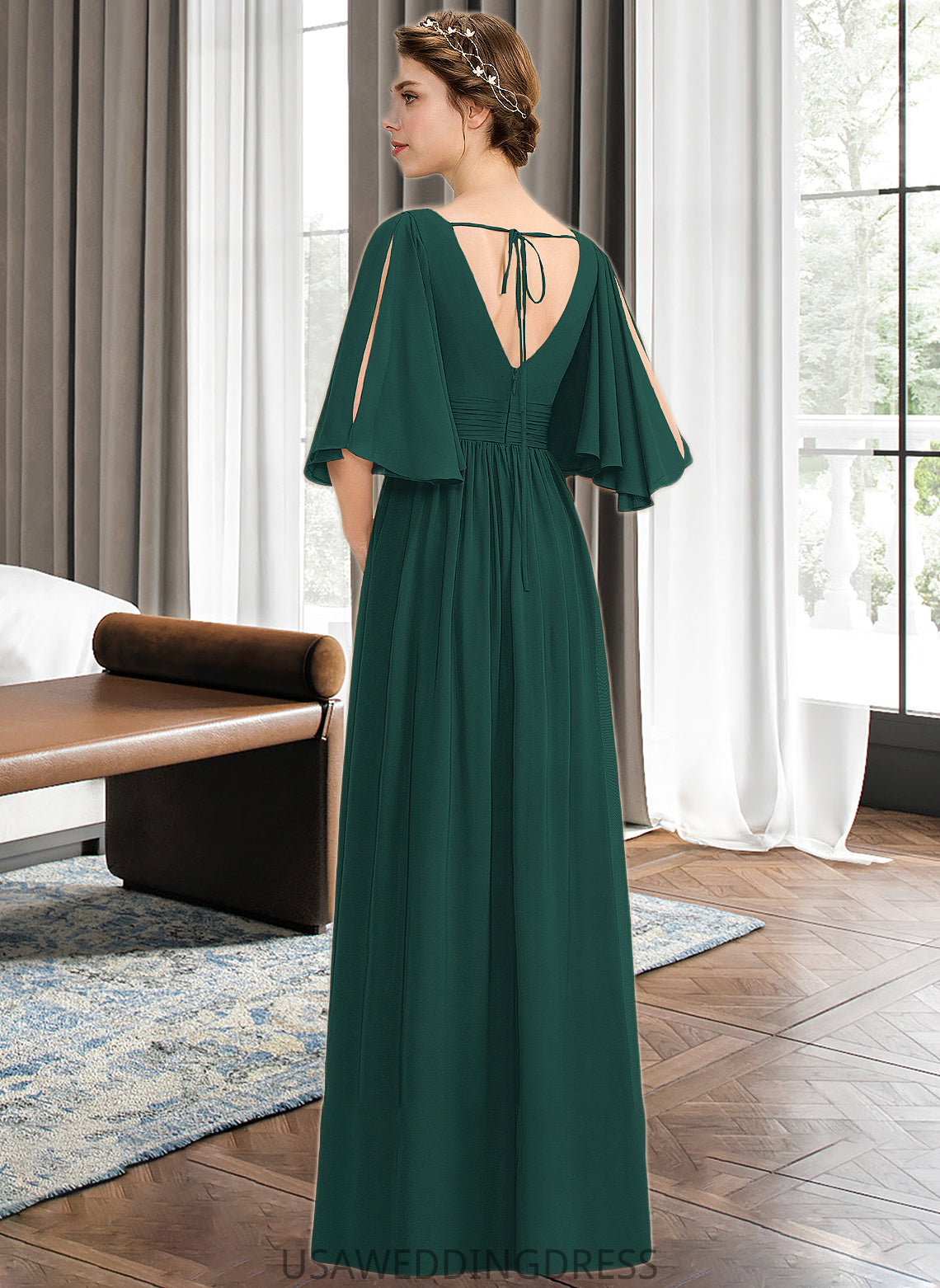 Alexus A-Line V-neck Floor-Length Chiffon Bridesmaid Dress With Ruffle Bow(s) Split Front DSP0012948