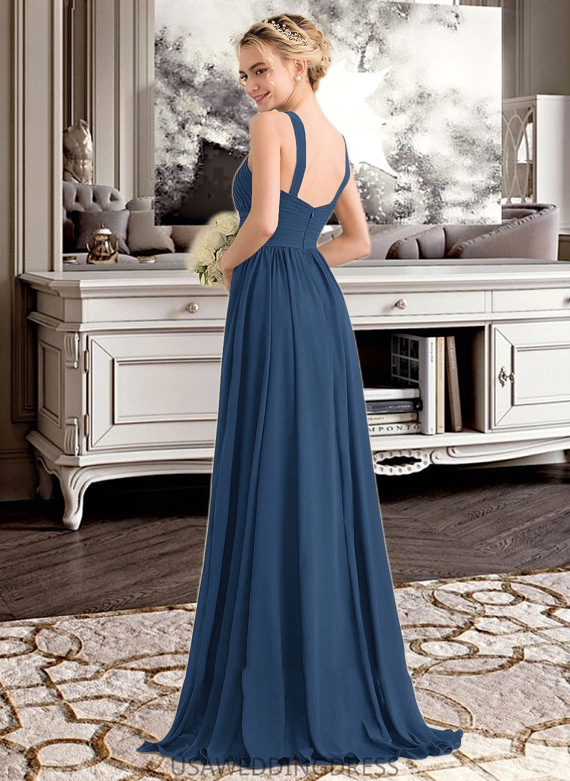 Haven A-line V-Neck Sweep Train Chiffon Bridesmaid Dress With Ruffle DSP0012949