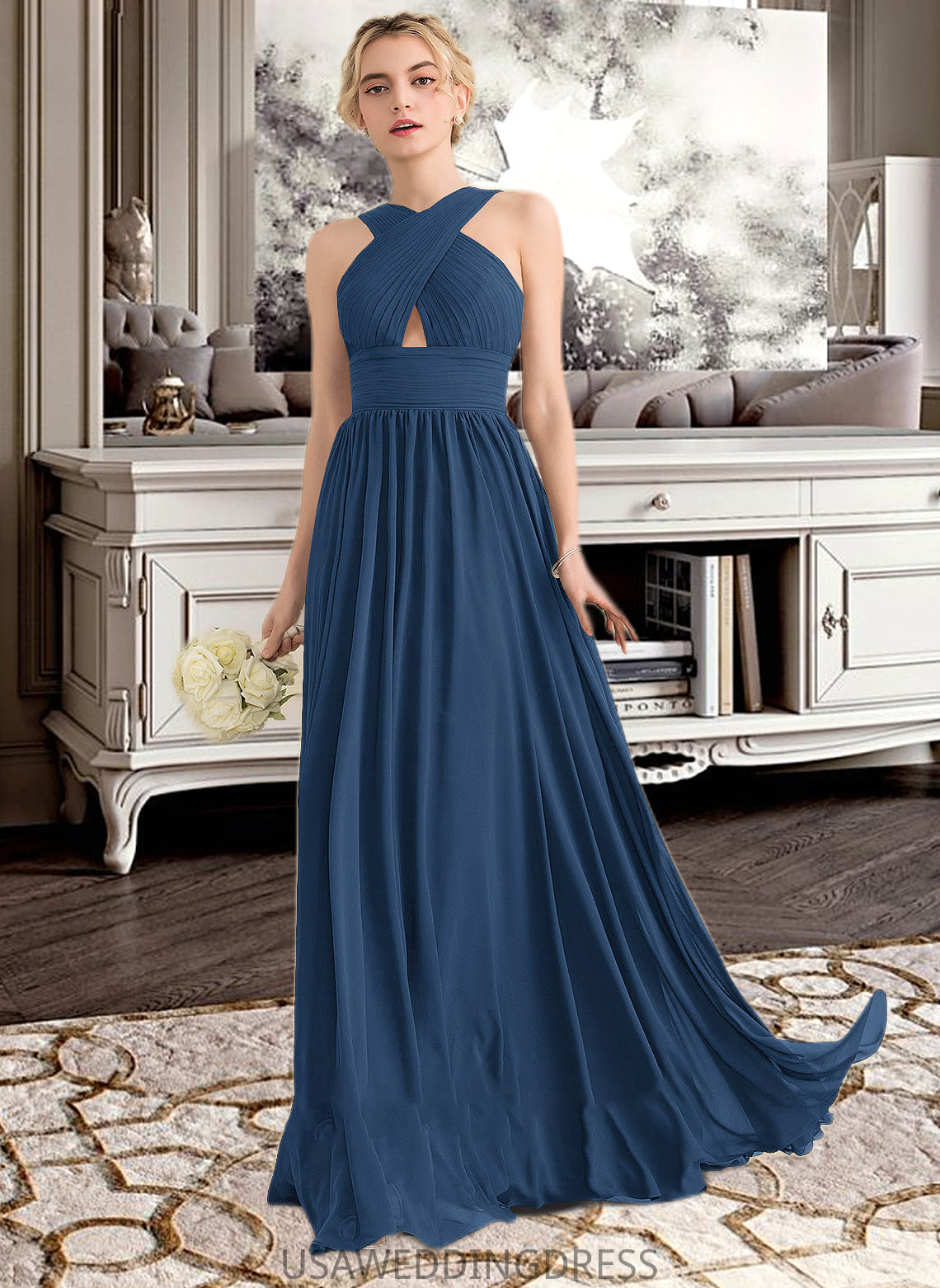 Haven A-line V-Neck Sweep Train Chiffon Bridesmaid Dress With Ruffle DSP0012949