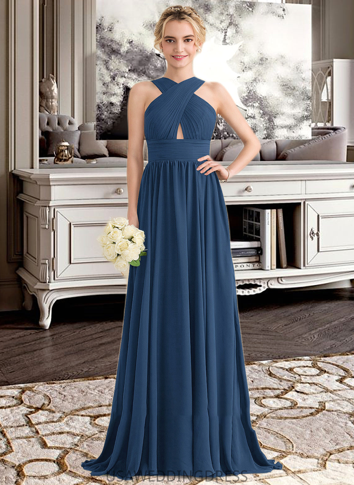 Haven A-line V-Neck Sweep Train Chiffon Bridesmaid Dress With Ruffle DSP0012949