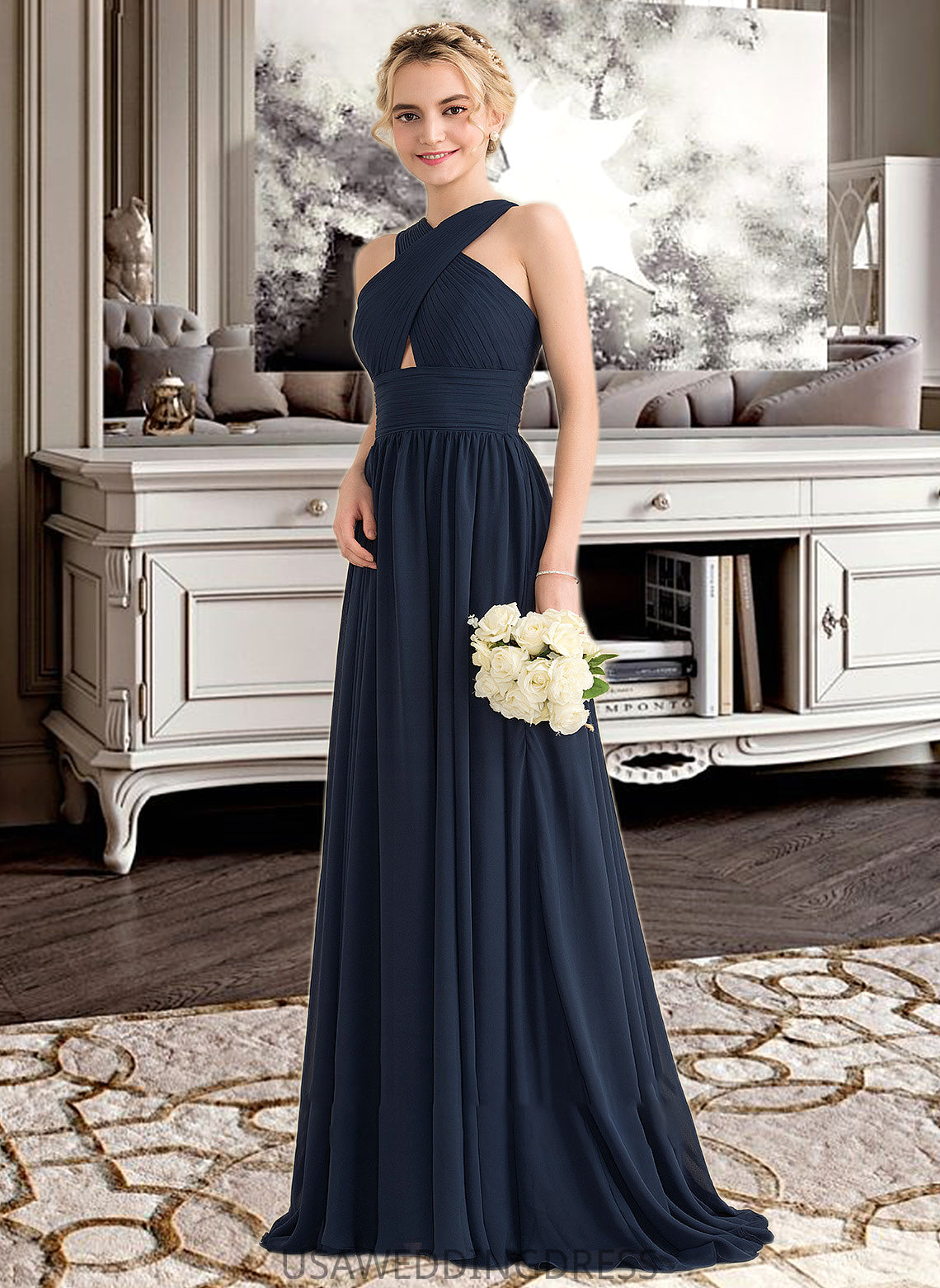 Haven A-line V-Neck Sweep Train Chiffon Bridesmaid Dress With Ruffle DSP0012949