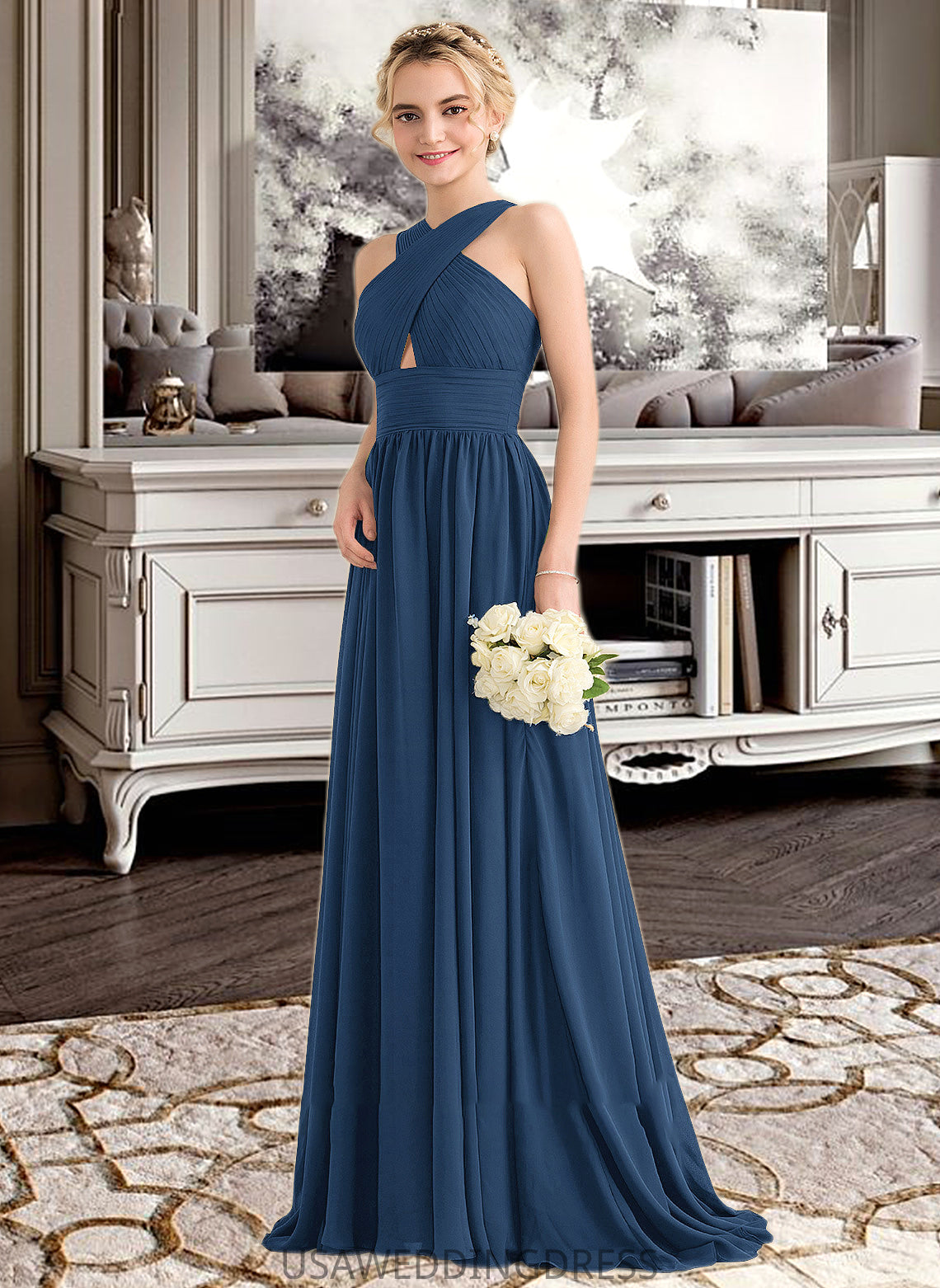 Haven A-line V-Neck Sweep Train Chiffon Bridesmaid Dress With Ruffle DSP0012949