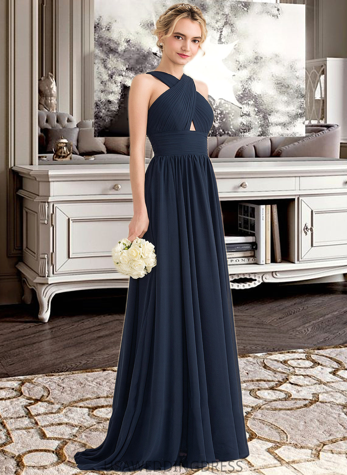 Haven A-line V-Neck Sweep Train Chiffon Bridesmaid Dress With Ruffle DSP0012949