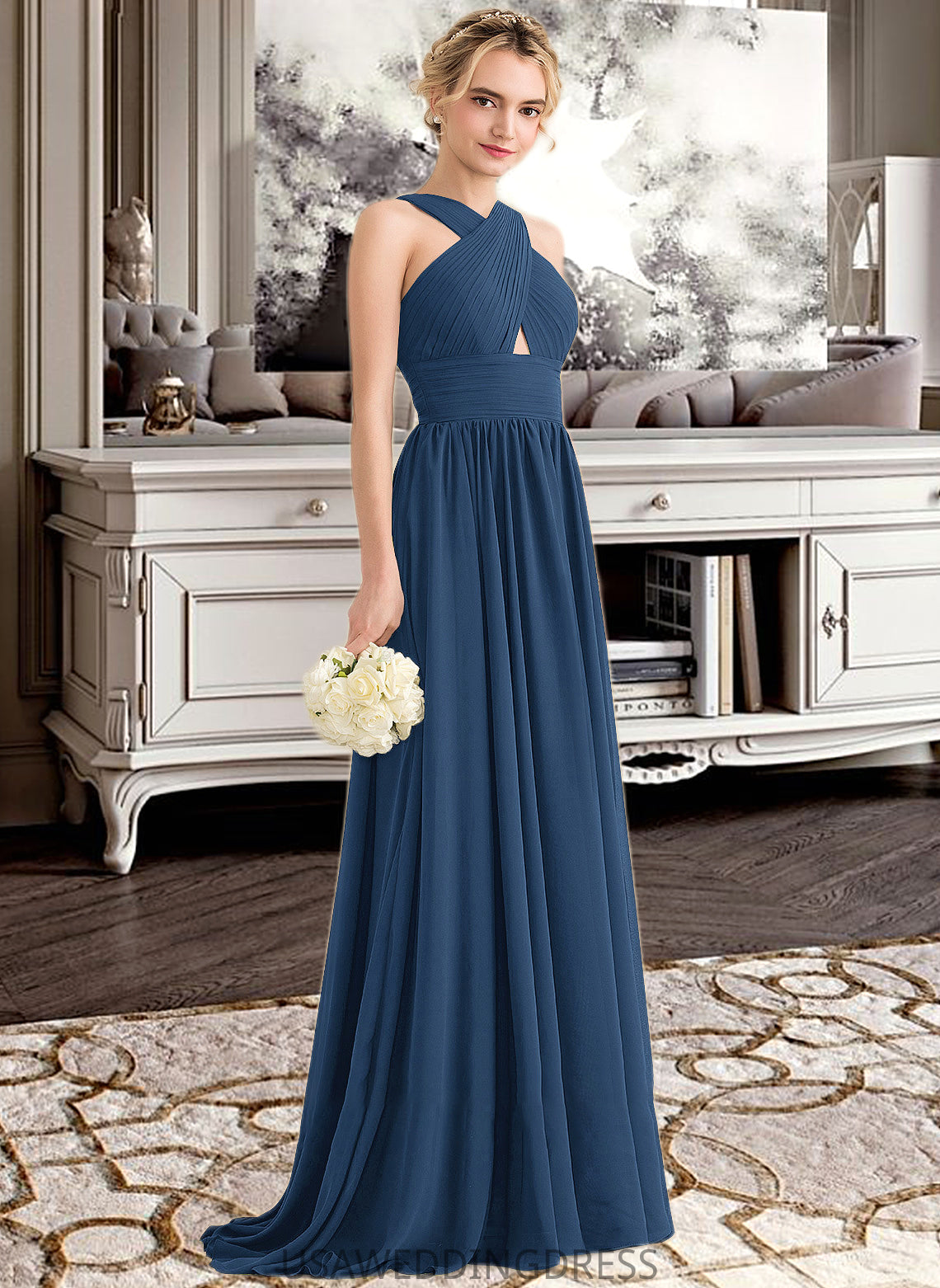 Haven A-line V-Neck Sweep Train Chiffon Bridesmaid Dress With Ruffle DSP0012949