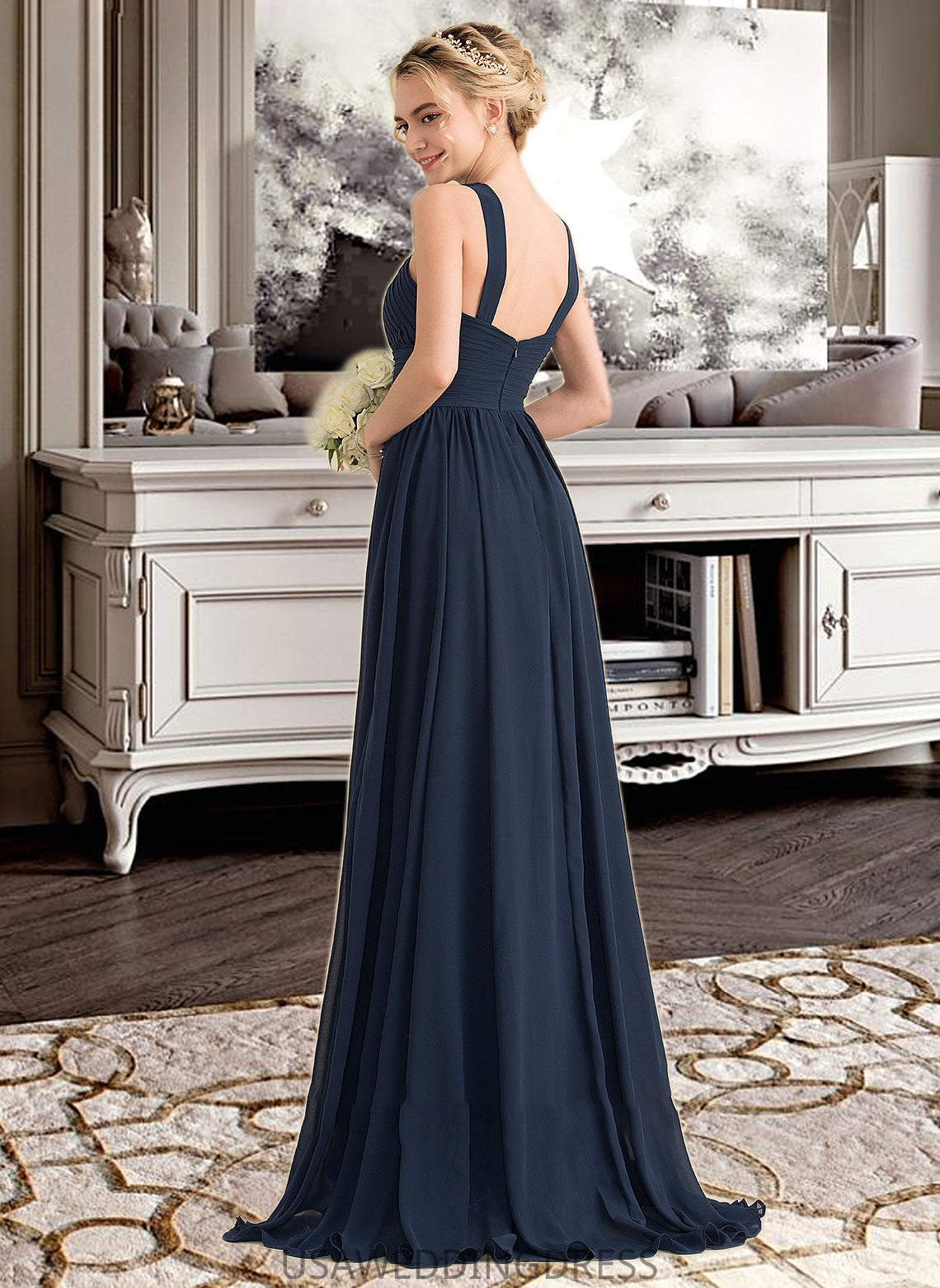 Haven A-line V-Neck Sweep Train Chiffon Bridesmaid Dress With Ruffle DSP0012949